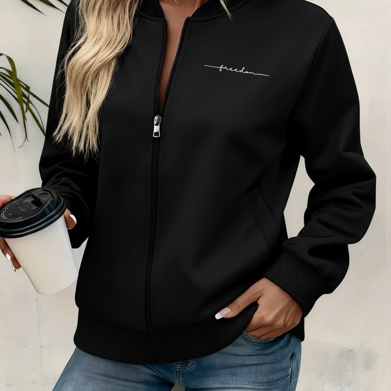 TEMU Ladies' Fashion Zipper Jacket, Round-neck Design Women's Outerwear, Lightweight Spring And Autumn Women's Jacket With Zipper.