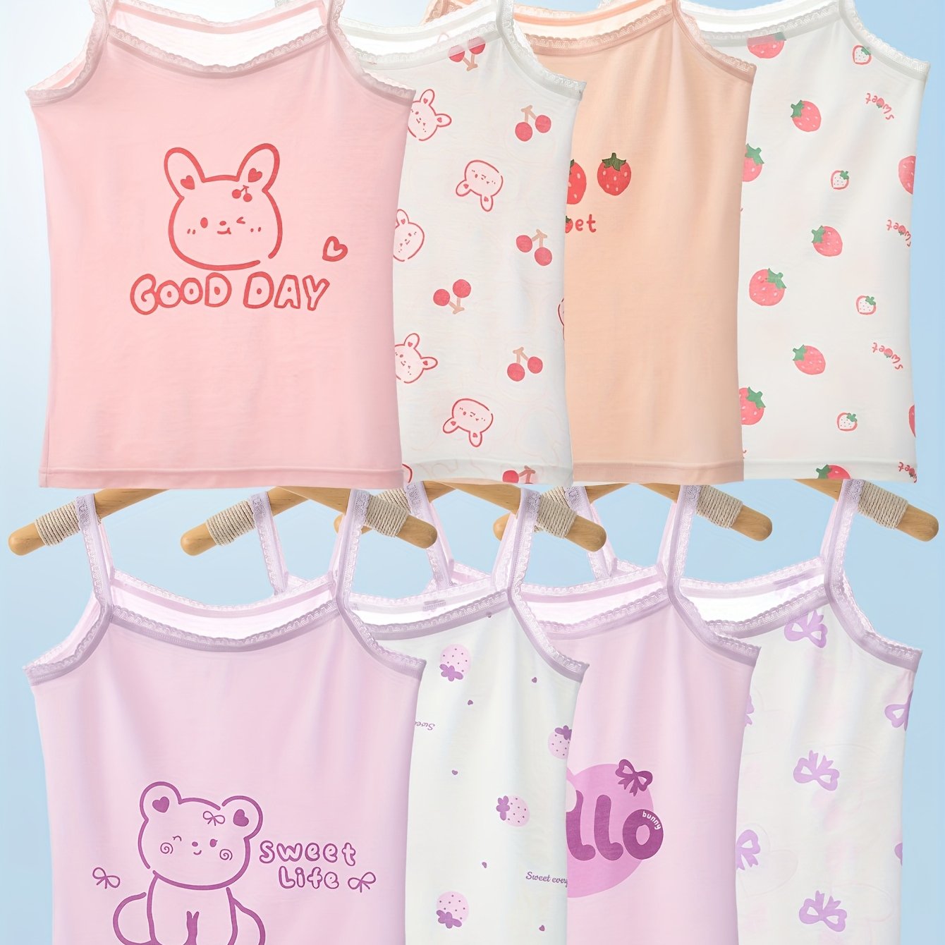 Image of Girls' Tank Top With 95%, Featuring Lace Trim And A Cute Bear And Strawberry Cartoon Design, Suitable For Layering Or Wearing Alone In , Perfect For Little Girls And Toddlers