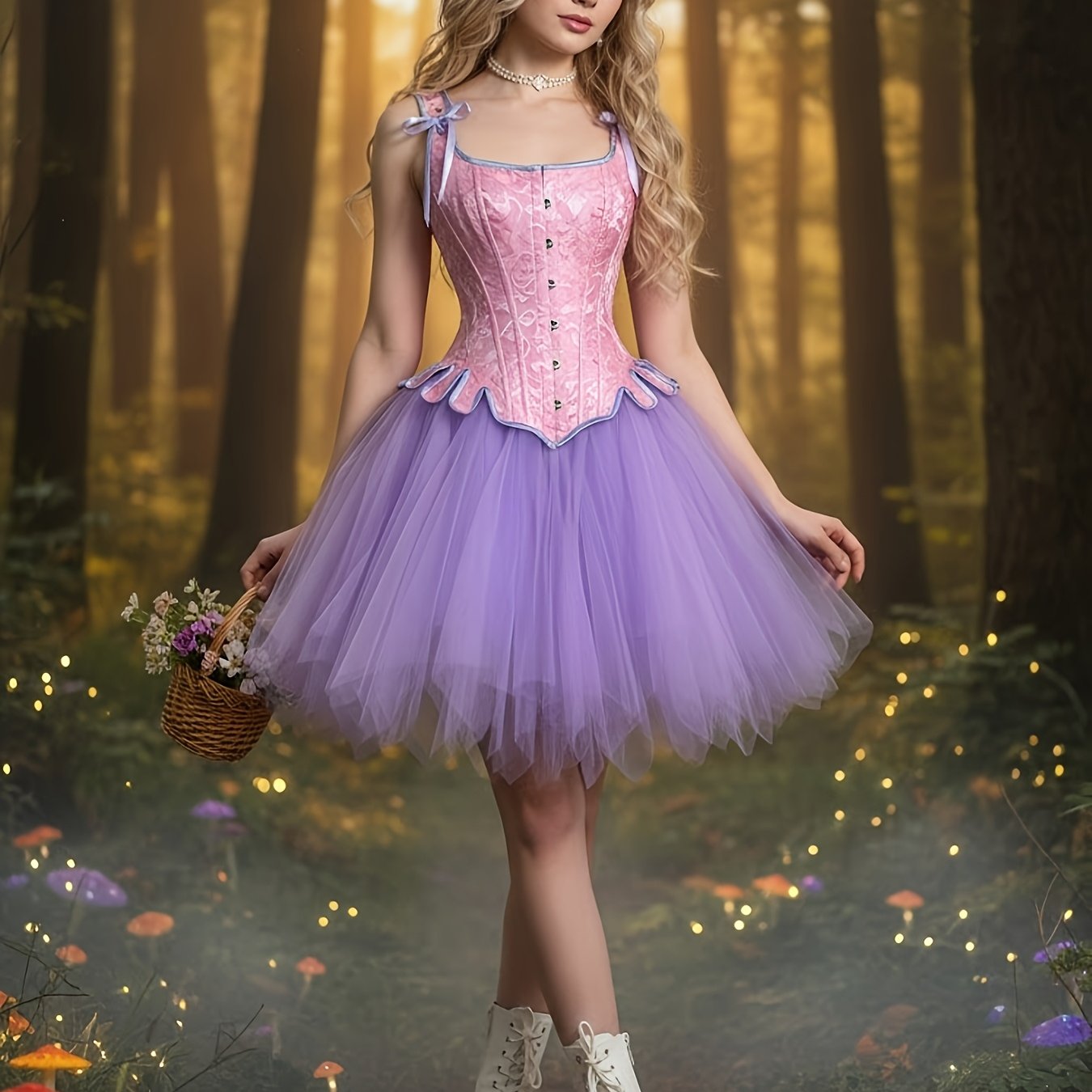 Image of Victorian-style Pink Jacquard Corset With A Tight-fitting Tutu Skirt, A Pink Halloween Costume Set. Suitable For Carnivals, Easter, Elegant Parties, Cosplay, And Fairy Costume Sets