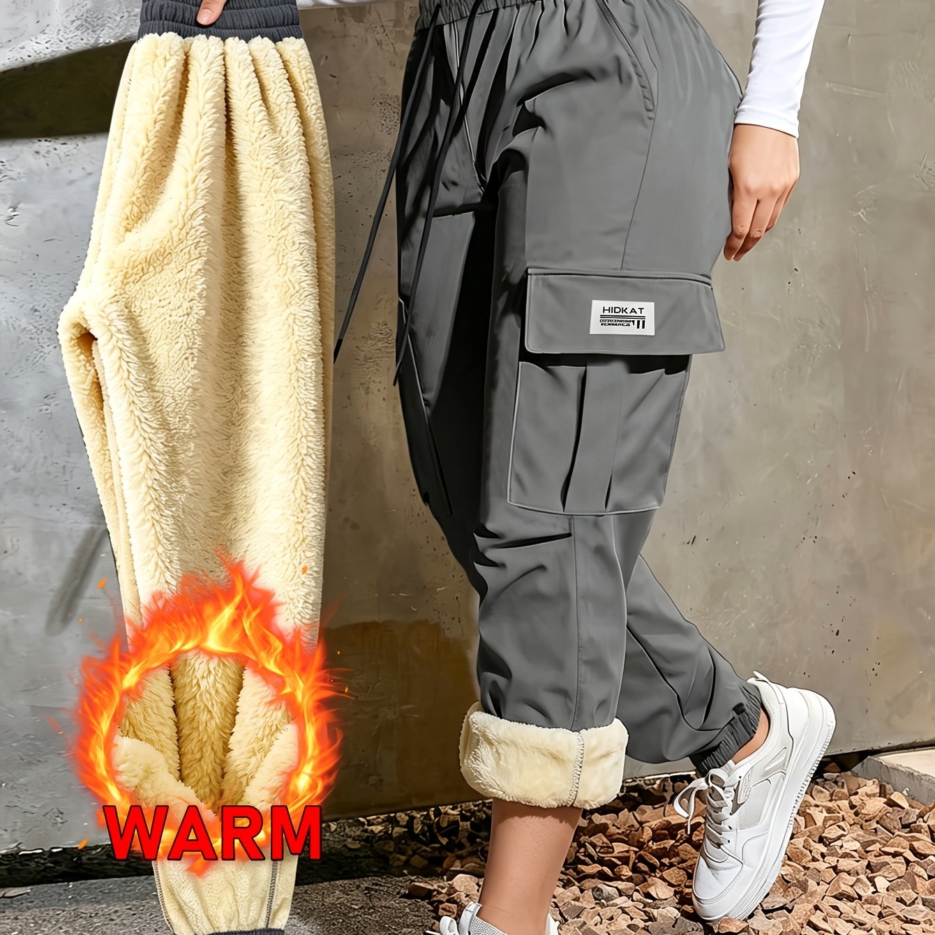 TEMU Pantalones cargo de invierno para mujer, forrados, engrosados y cálidos, pantalones jogger casuales de moda de color liso con cintura con cordón