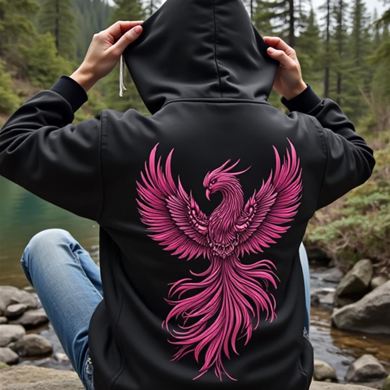 Image of A Trendy Hoodie Designed With Pink Phoenix Pattern Theme Woman's Hoodie High Quality Thickened Hoodie Suitable For Autumn And Winter Outdoor Gift For Who Love Mythical Creatures And Streetwear Fashion