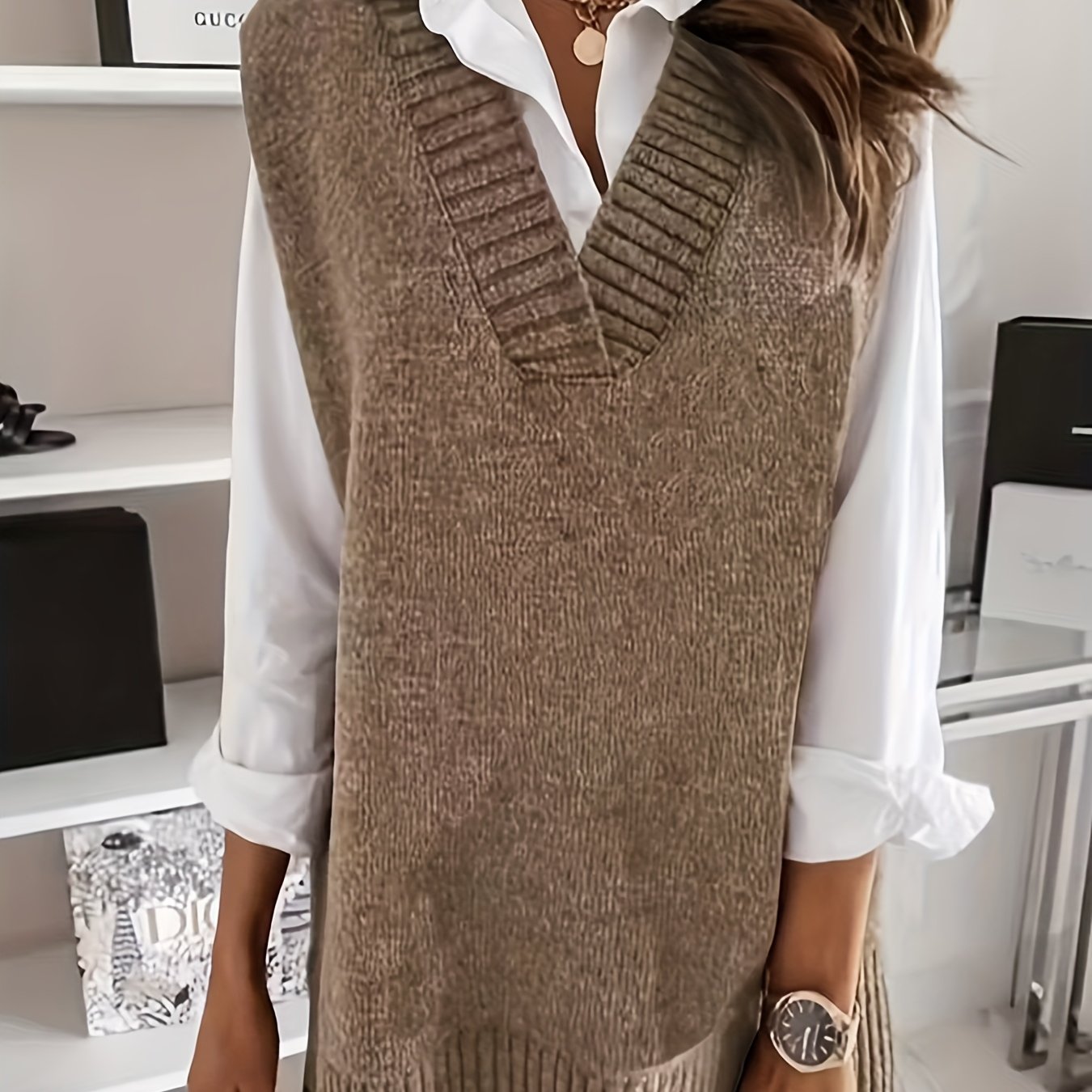 Image of Plus Size - Plus Size - Solid Color V-neck Vest, Easy And Casual Loose Fit, Suitable For Layering, Women's Vest For Autumn And Winter