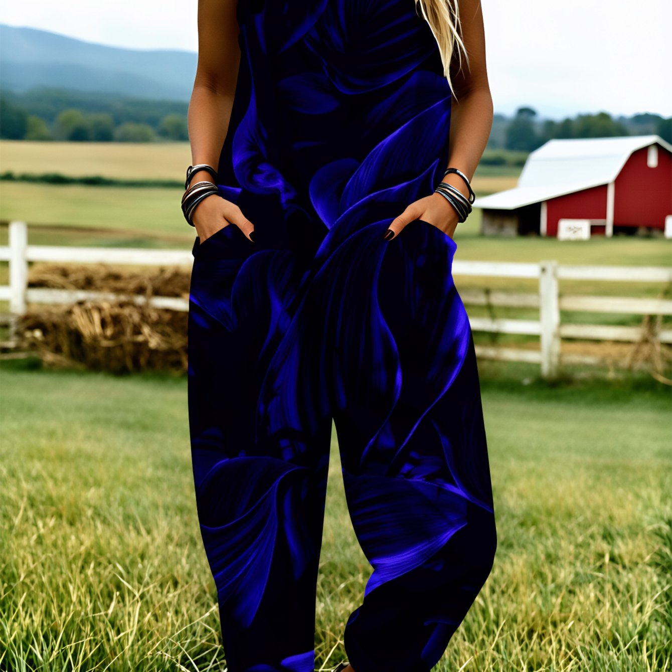 Image of Plus Size - Plus Size - Plus Size Women's Overalls 0xl-5xl Blue Velvet Swirl Pattern Print Comfortable And Breathable Fashionable Clothing Wide-leg Pants Clothing Adjustable Shoulder Straps