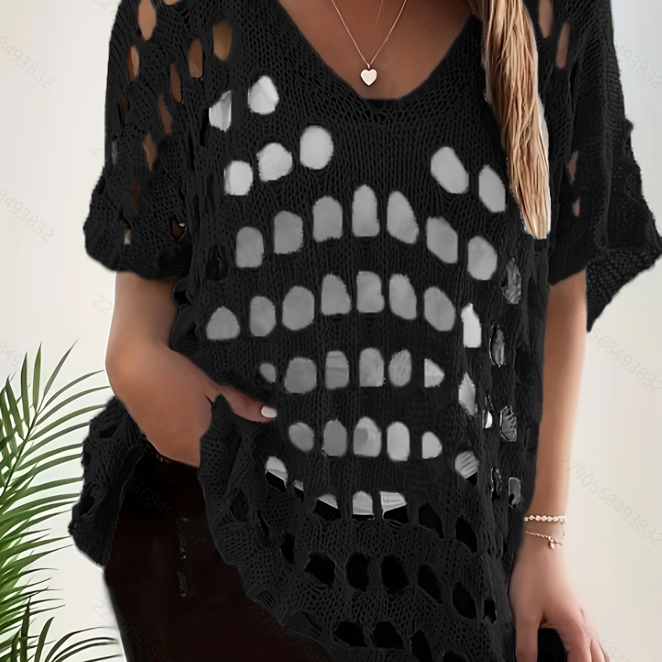 Image of Plus Size - Plus Size - Western ' Color Cover-up Short Sleeve Distressed Loose Layering Niche V-neck Women's Top
