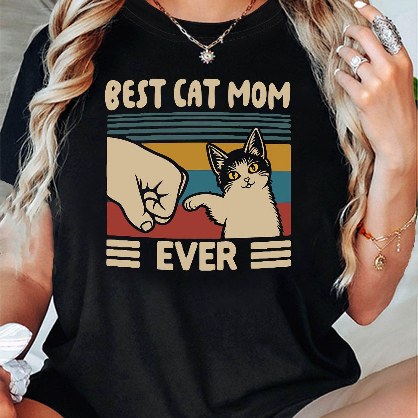 E-shop "BEST CAT MOM EVER" Cartoon Verspielter Stil "Best Cat Mom" Bedrucktes T-Shirt für Damen, Kurzarm, Rundhalsausschnitt, Lässiges Oberteil für