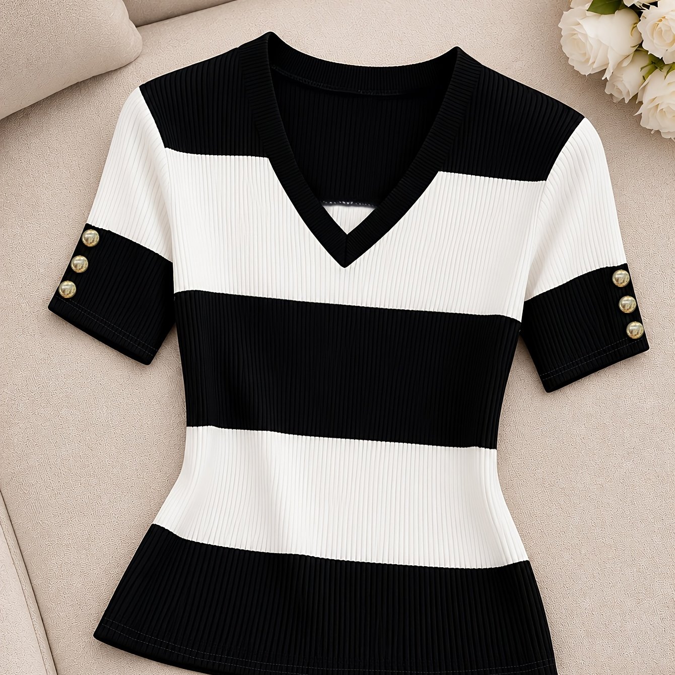 TEMU Color-block Striped Sweater, Slim Fit, V-neck, Versatile Daily Short Sleeve