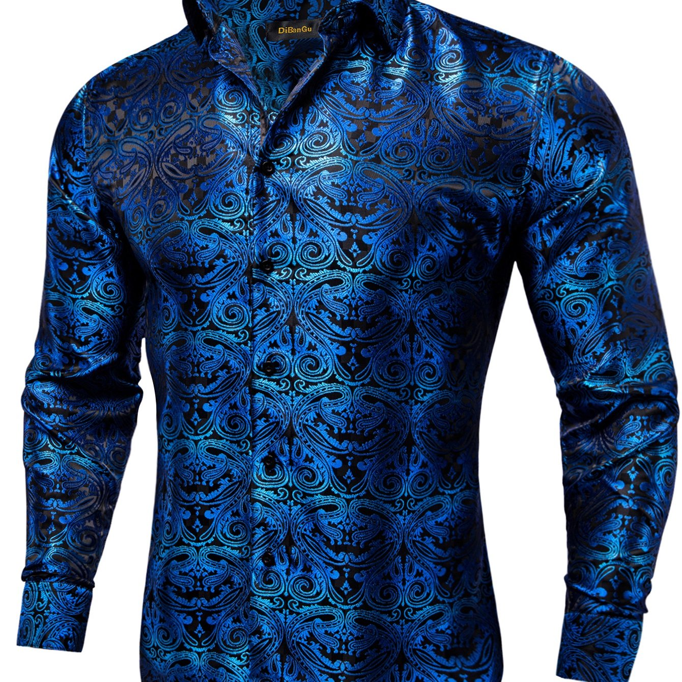 Image of Men's Royal Blue Paisley Jacquard Long Sleeve Shirt - Your Style For Nightclub And Themed Events
