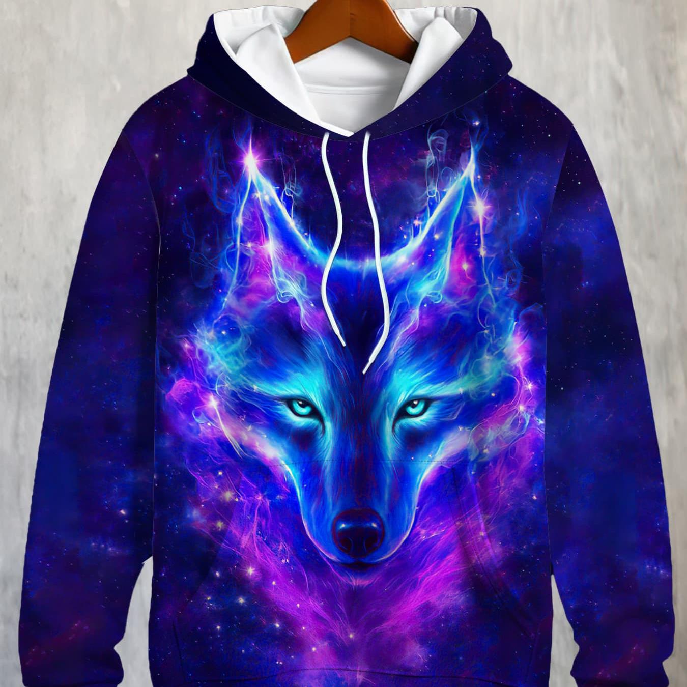TEMU Men's Trendy Hoodie Featuring Print Of A Wolf's Head Against A Starry Sky, Stylish And Casual, Loose-fitting Pullover For Youth, Unique