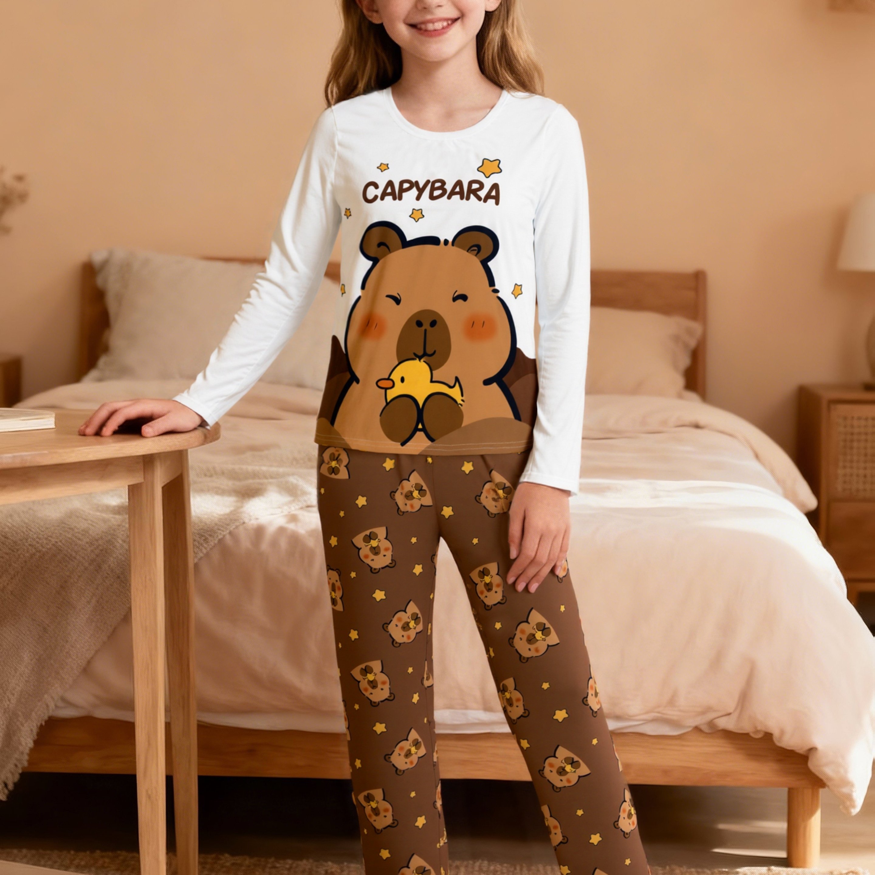Image of Girls' Casual Crew Neck Star Cartoon Print Long Sleeve Top And Pants Pajama Set | Perfect For Children, Stretch Fabric, Regular Fit, Ideal For Fall/winter