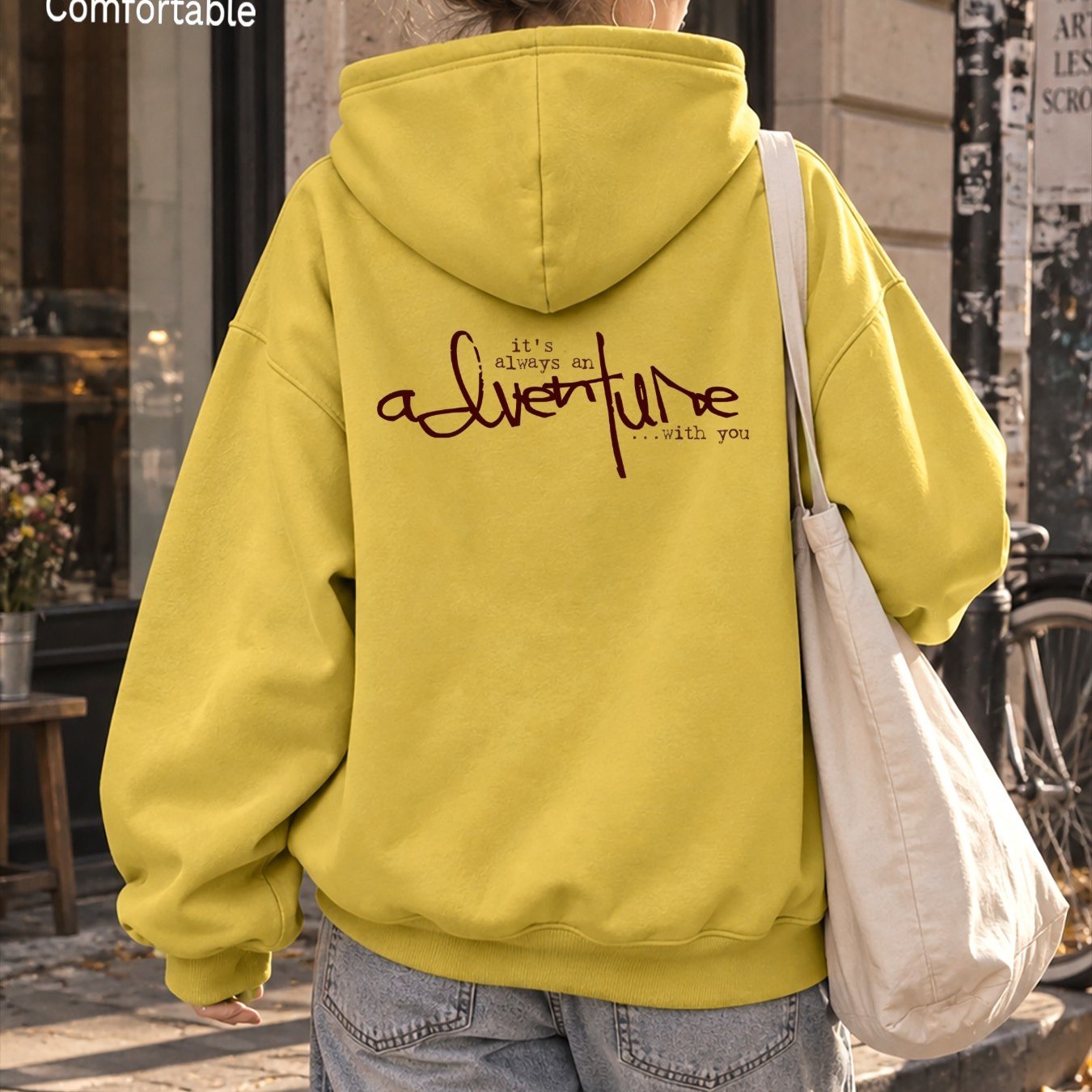 Herbstige, modische Damen Hoodie mit lockerem Drop-Sleeve-Design und rotem Rücken-Buchstaben-Print, lässige…: retailer-supplied image