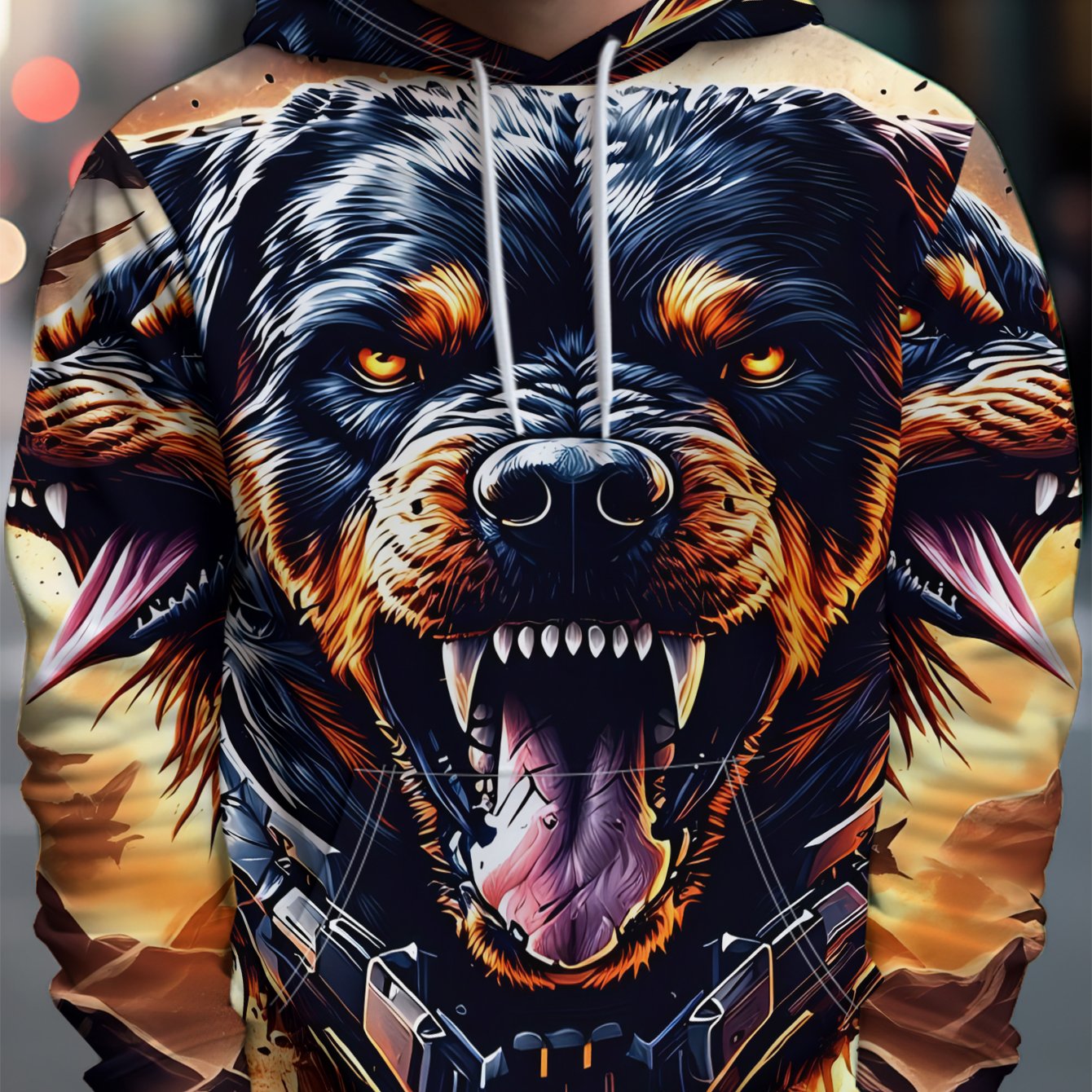 TEMU Men's Individual Style Hooded Sweatshirt With 3 Dogs Roaring, And Birds Background, Menacing Atmosphere - Full Of Streetwear Style, Rich And