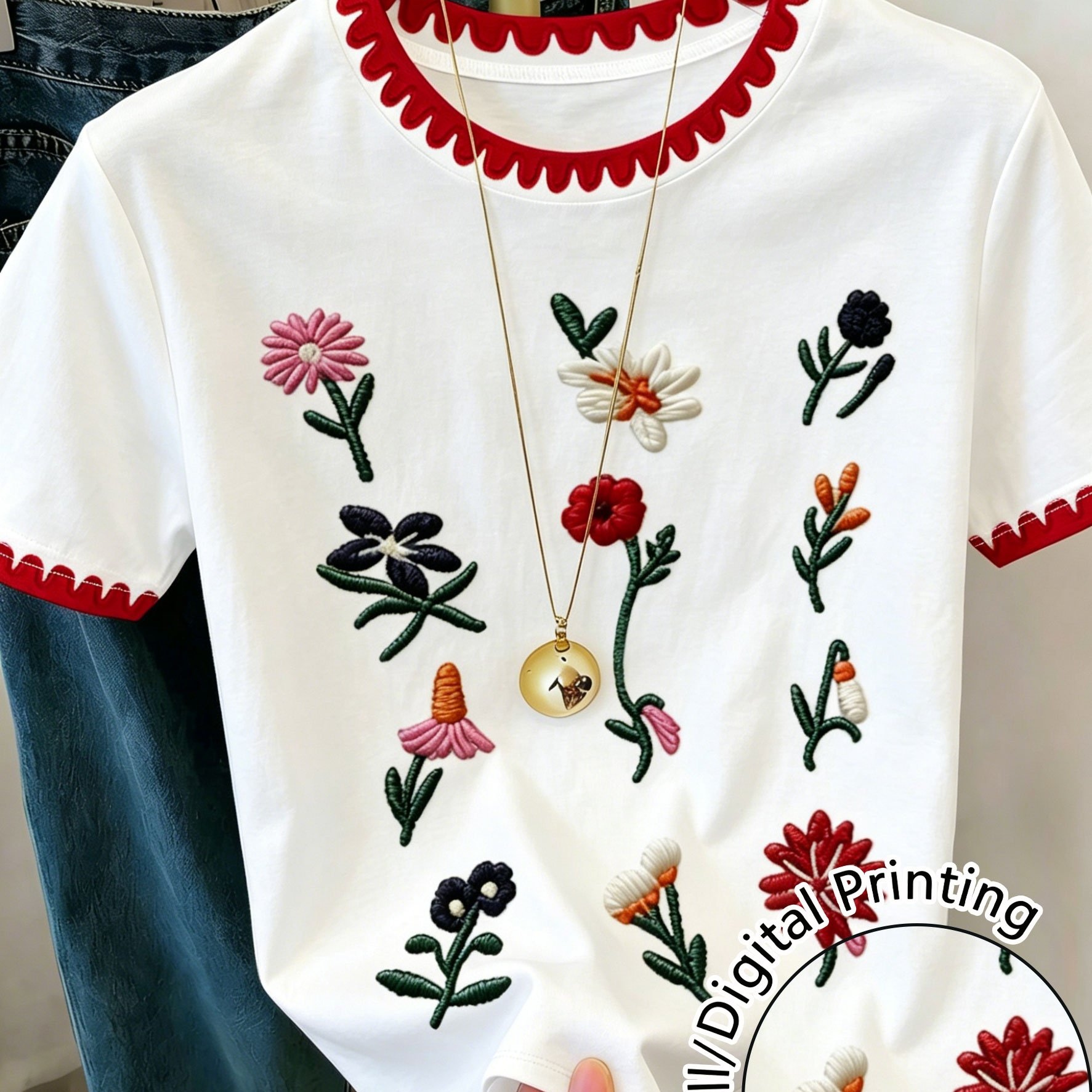 TEMU Women's Floral Crew Neck T-shirt With Red Scallop Trim, Summer Casual Top