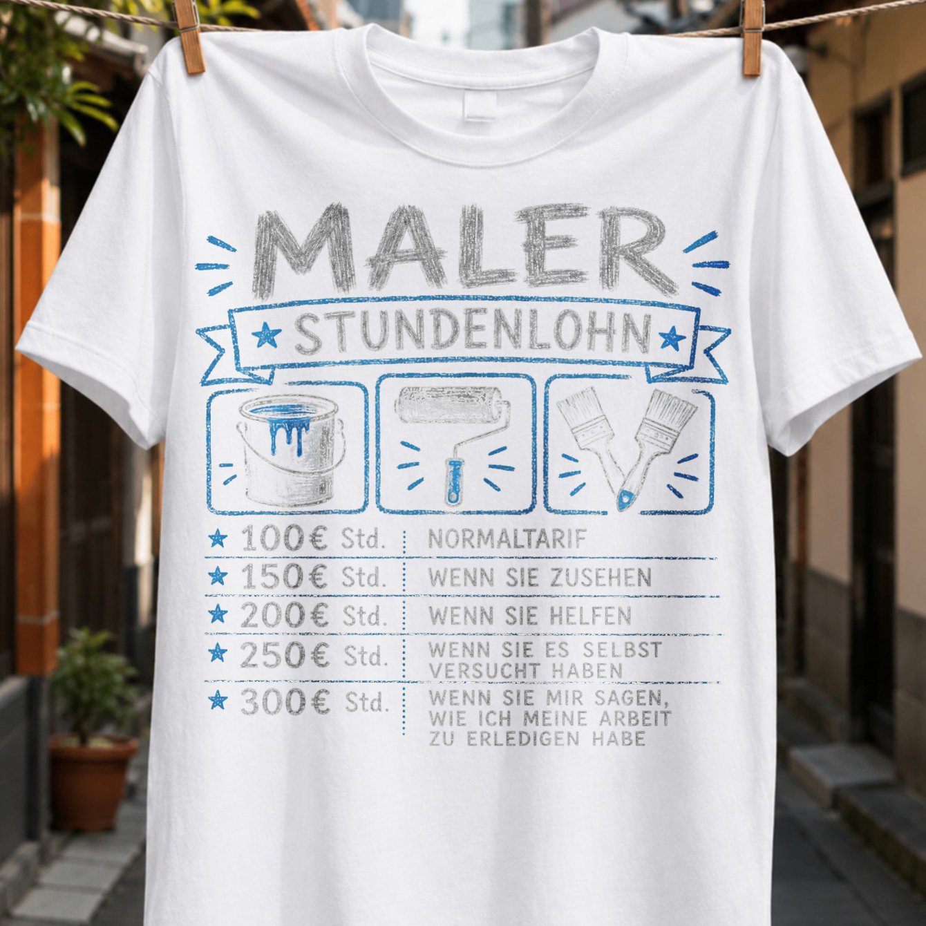 Image of Painter Wage Joke With Paint Bucket Roller Brushes And Blue Chalkboard Tradesman Style Unisex All T-shirt