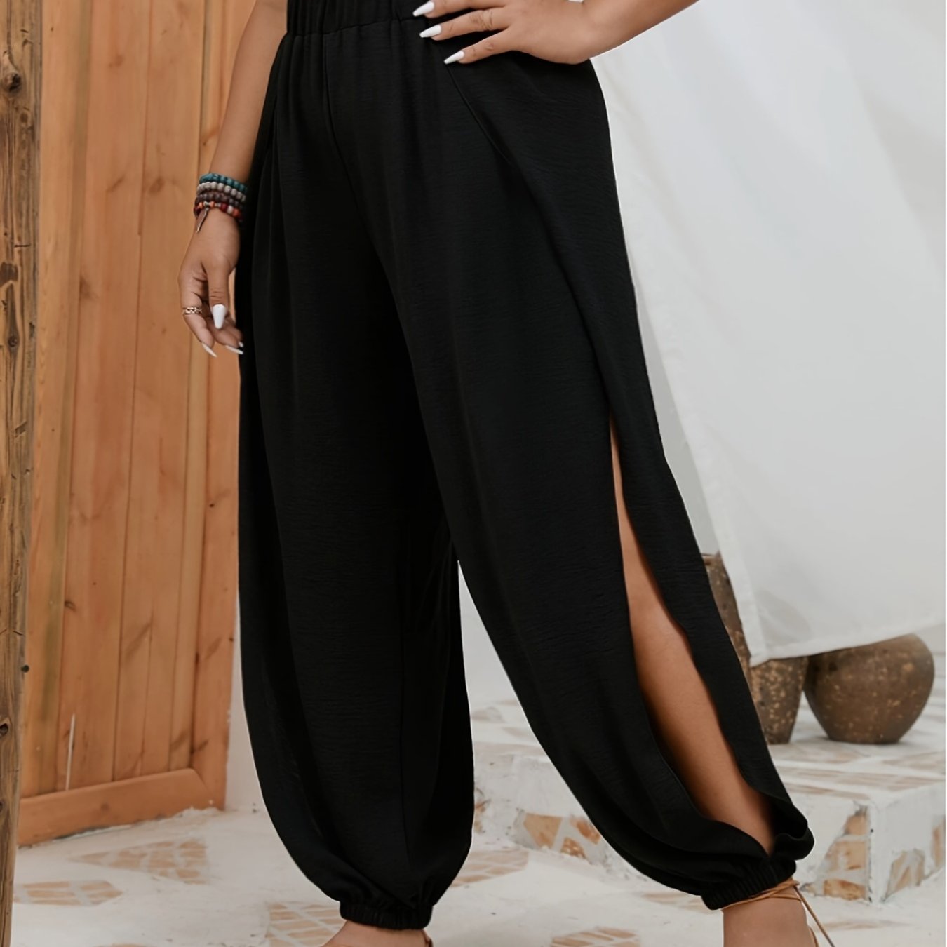 Side Slit Athletic Pants - Casual Solid Color Non-stretch Machine Washable Pants With Breathable , Everyday | Stylish Side Slit | Nonstretch Fabric