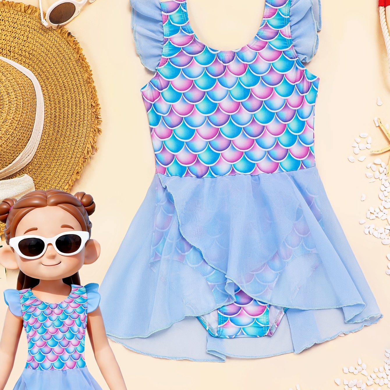 Image of Girl's 1pc Swimsuit With Flutter Sleeves And Fish Scale Print Skirt For Outdoor Vacation Swimming Pool