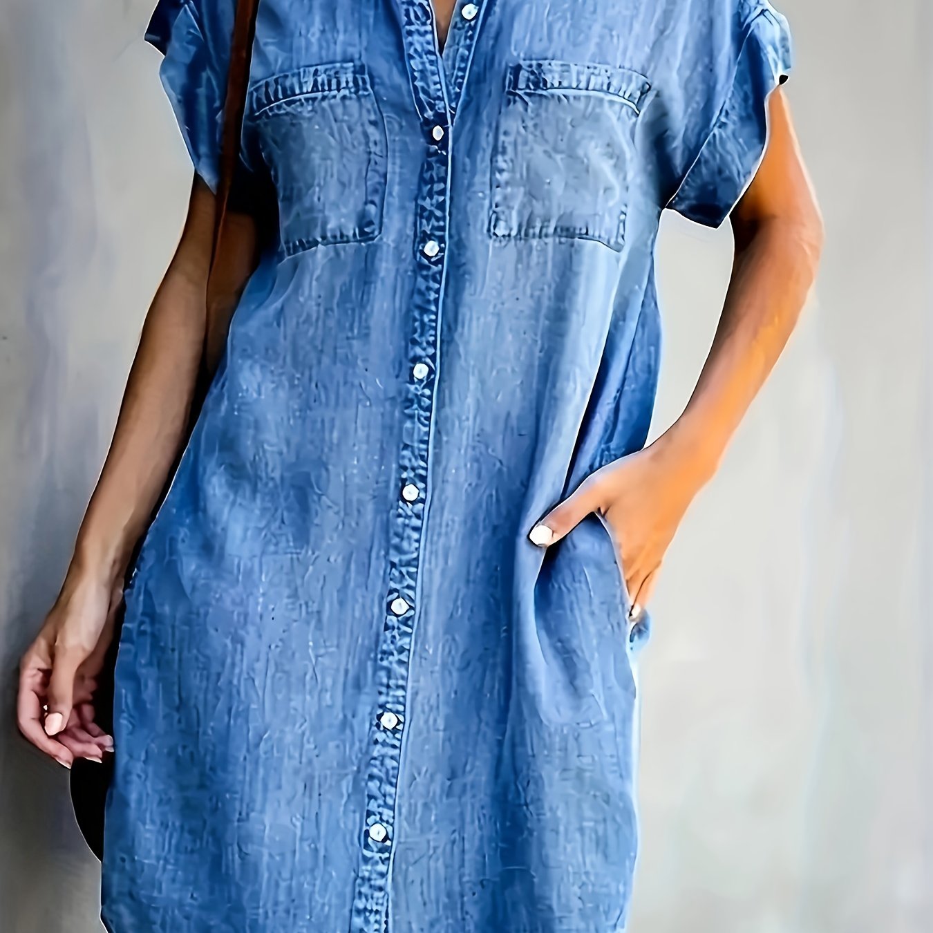 TEMU Denim-like Shirt Dress Lightweight Breathable Short Sleeve Loose Fit Casual Dress - Lapel Short-sleeved Fitted Dress, Fashion Home Pajamas