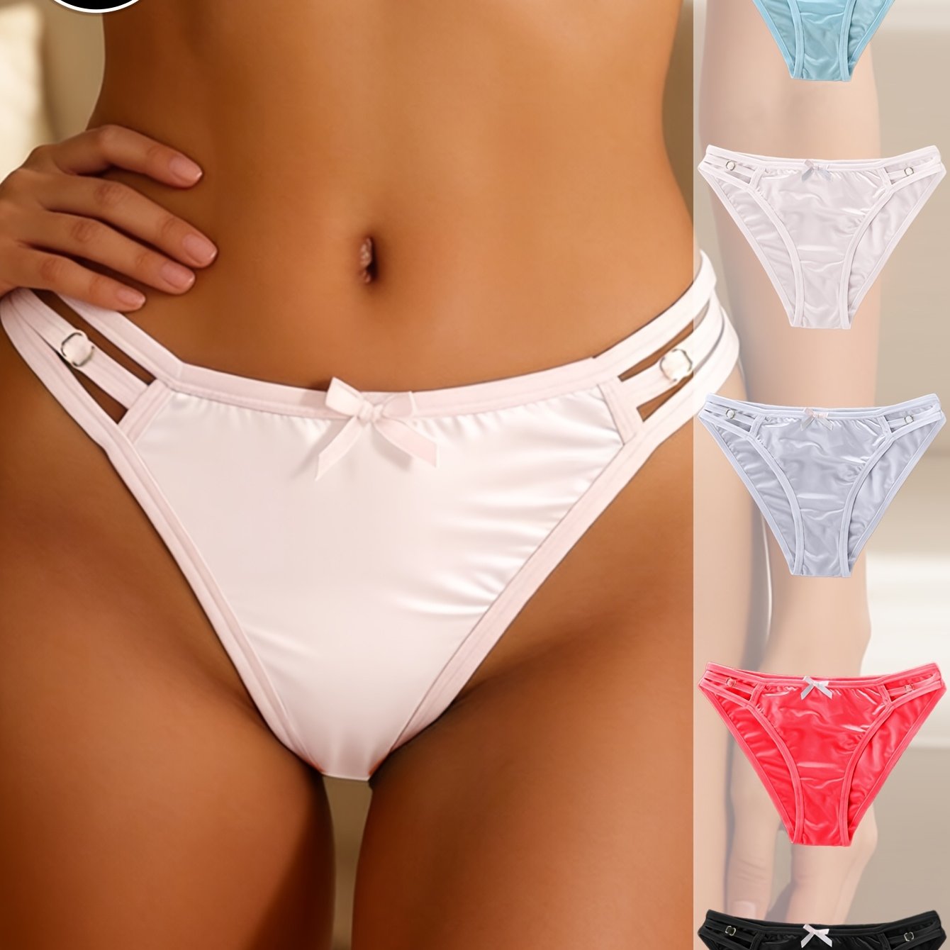 Image of 5pcs (5pcs) Joinbuy Women' Luxury Satin Thong Panties - Low-rise Breathable -string Underwear With Thin Straps & Cut-out Bow, Non-sheer Briefs Suitable For Casual Attire, Special Occasions, Gift Box
