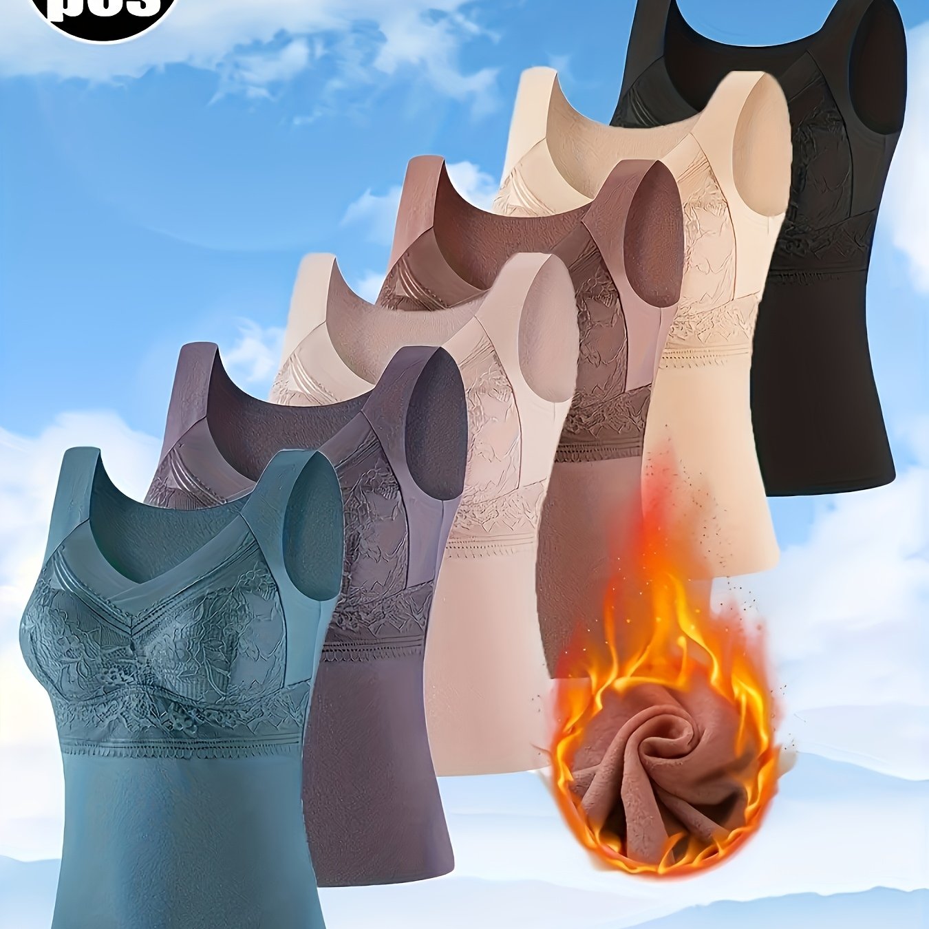 Image of 6pcs Fleece-lined Warm And Attractive Back Bra Set With Lace V-neck, Gathered Design, No Steel Ring, Comfortable Cold-resistant Underwear
