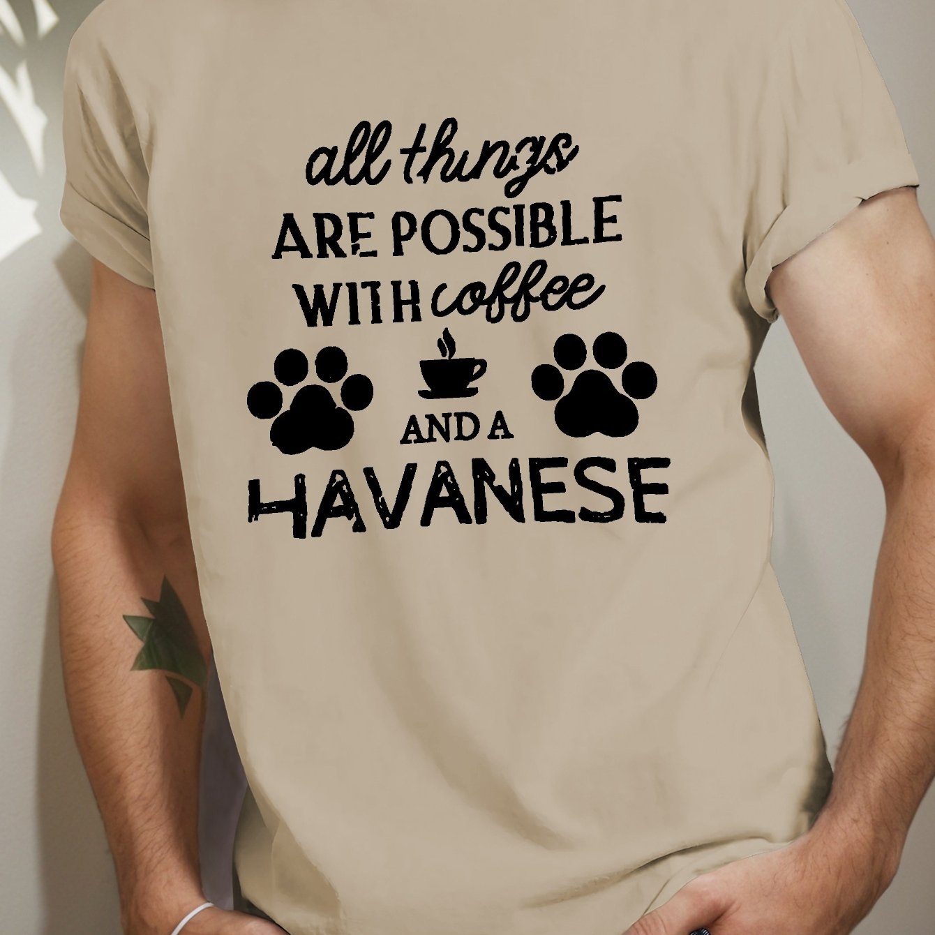TEMU Men's Casual Summer T-shirt With Coffee & Havanese Print - Soft Polyester, Crew Neck, Short Sleeve, Machine Washable