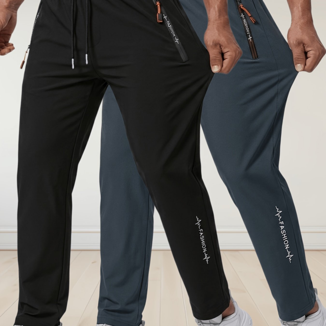 TEMU 2pcs Men's Casual Athletic Long Pants - Letter Zipper Pocket Elastic Waistband Quick-dry Breathable Straight Leg Trousers