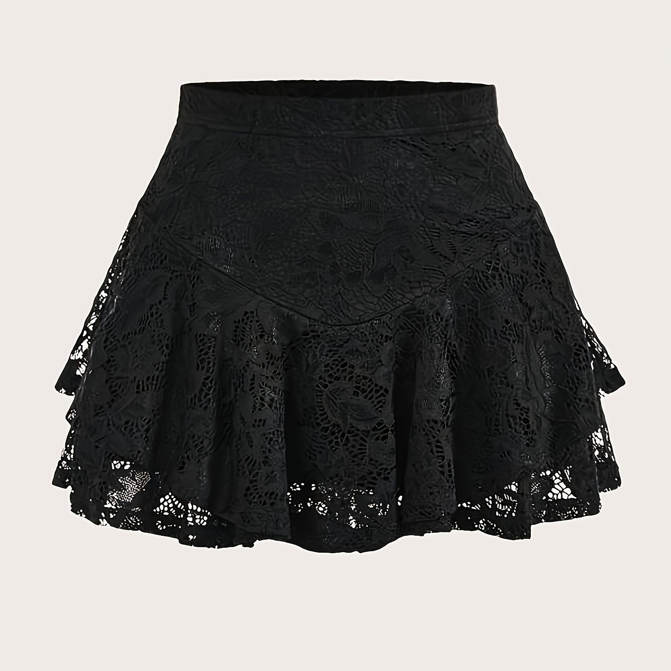 TEMU Mini falda de talle medio- de encaje con apliques, de color liso, casual y de moda para mujer, transfronteriza, europea y americana, que