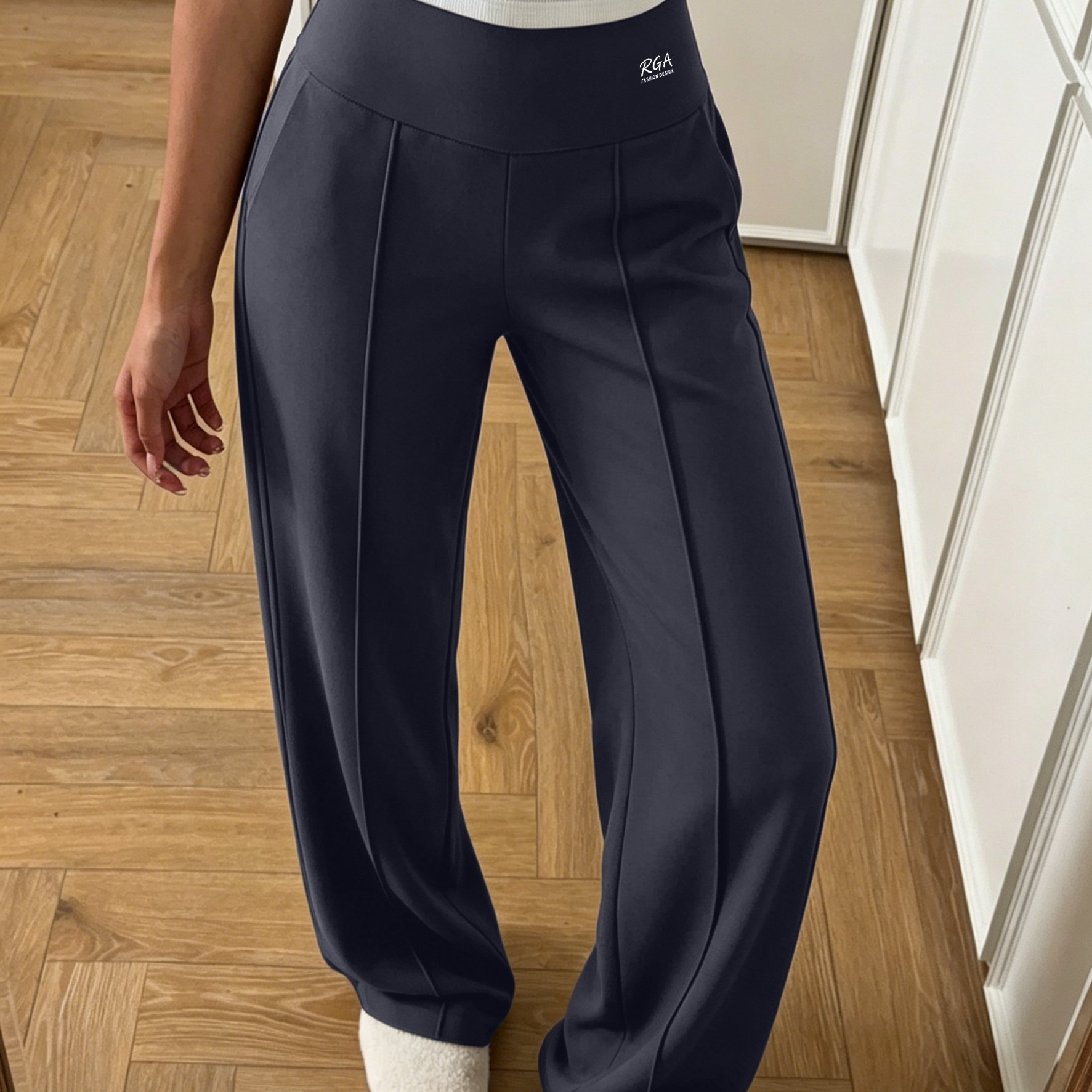 TEMU Women's Casual Breathable Soft High-waist Stretch Loungewear Pants - English Letter Embellishment At Waist, Solid Color Cooling Non-see-through