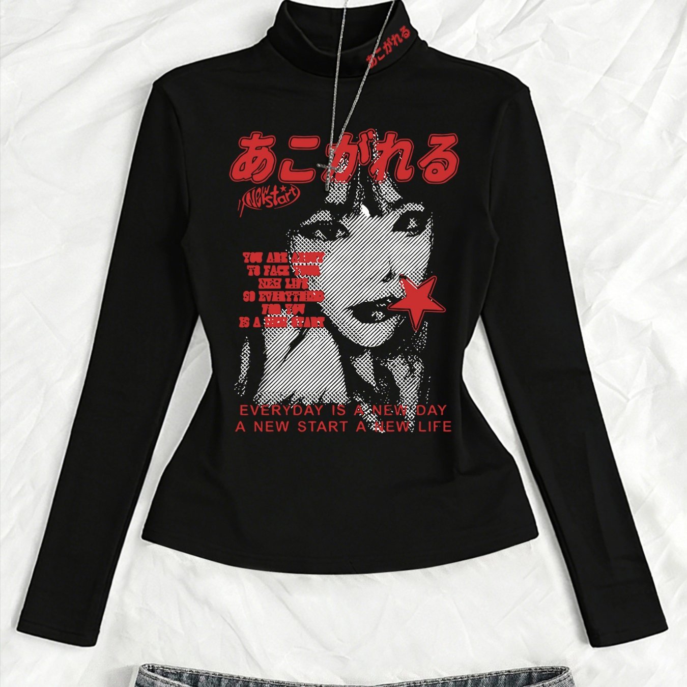 TEMU Japanese Vintage Anime T-shirt - Slim-fit High-neck Long Sleeve Base Layer Top With Retro Manga Print, Non- Blouse Suitable For Fall/winter
