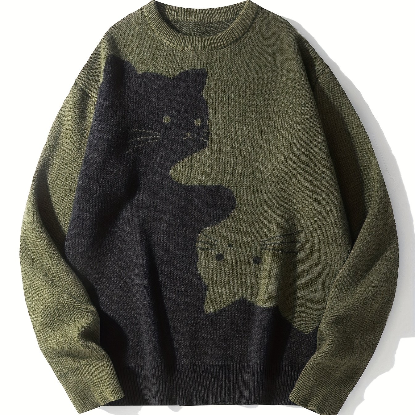 TEMU [ Khan OBM] Nouveau Pull à Col Rond Homme Tricoté Couple Pull Motif Animal Jacquard Chat Manches Longues Haut Base Unisexe Étudiant Décontracté