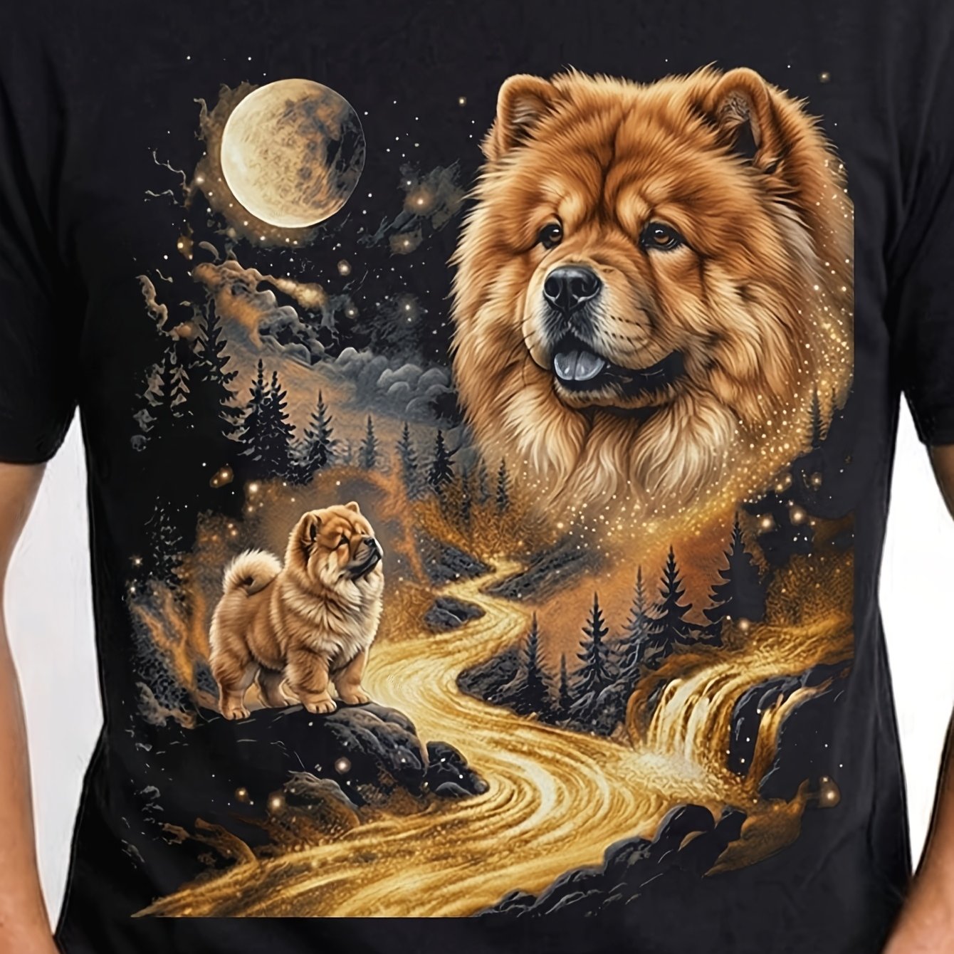 Image of At The Moon Retro 90s Dog Portrait Minimalist Style Clothing Top Gym Wear Gift For Dog Dads Men Men T-shirt 180g Round Neck
