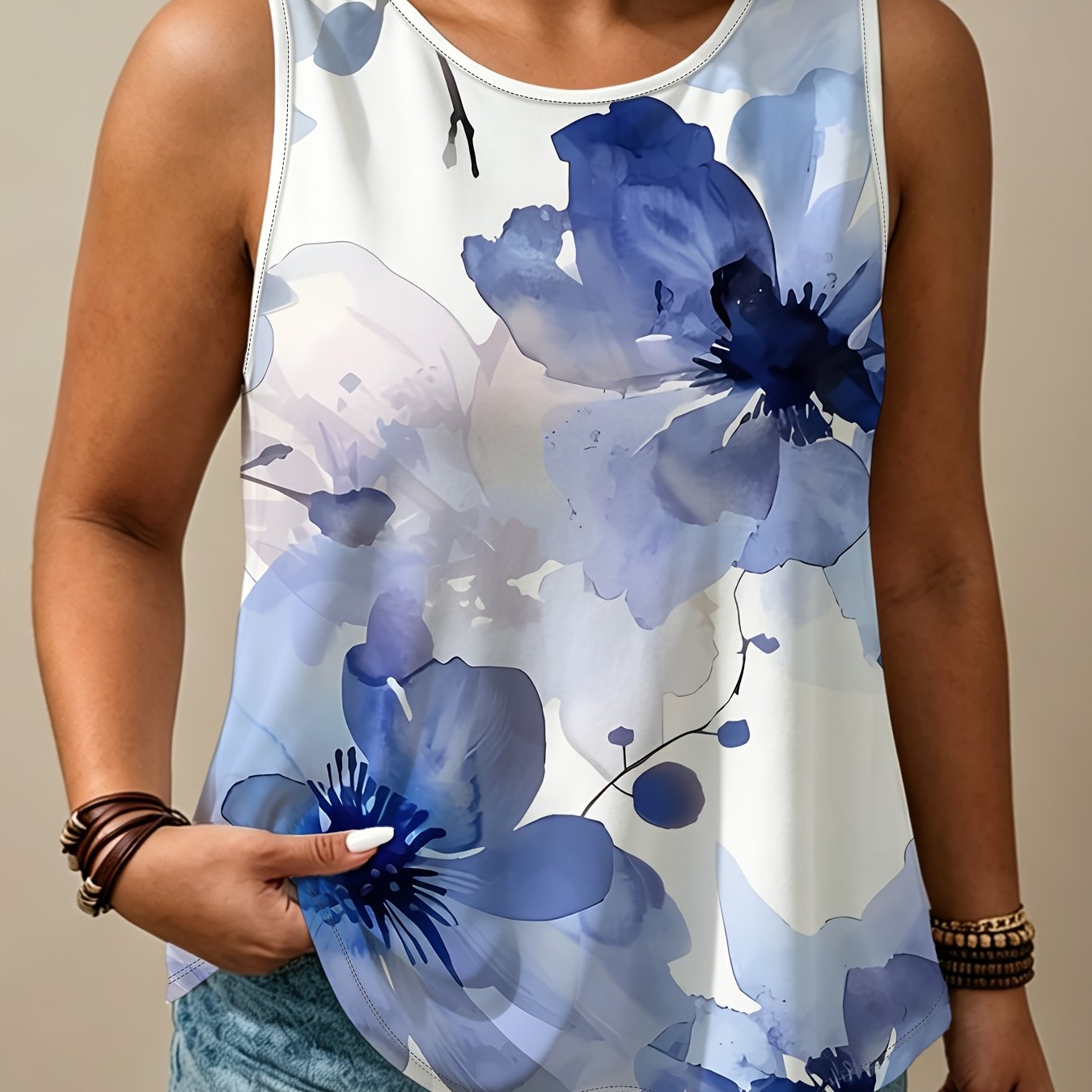TEMU Floral Print Sleeveless Vest, Plus Size Women's Loose Casual Top, Summer Cool Versatile Vest, Fashionable Inner Wear Outer Wear