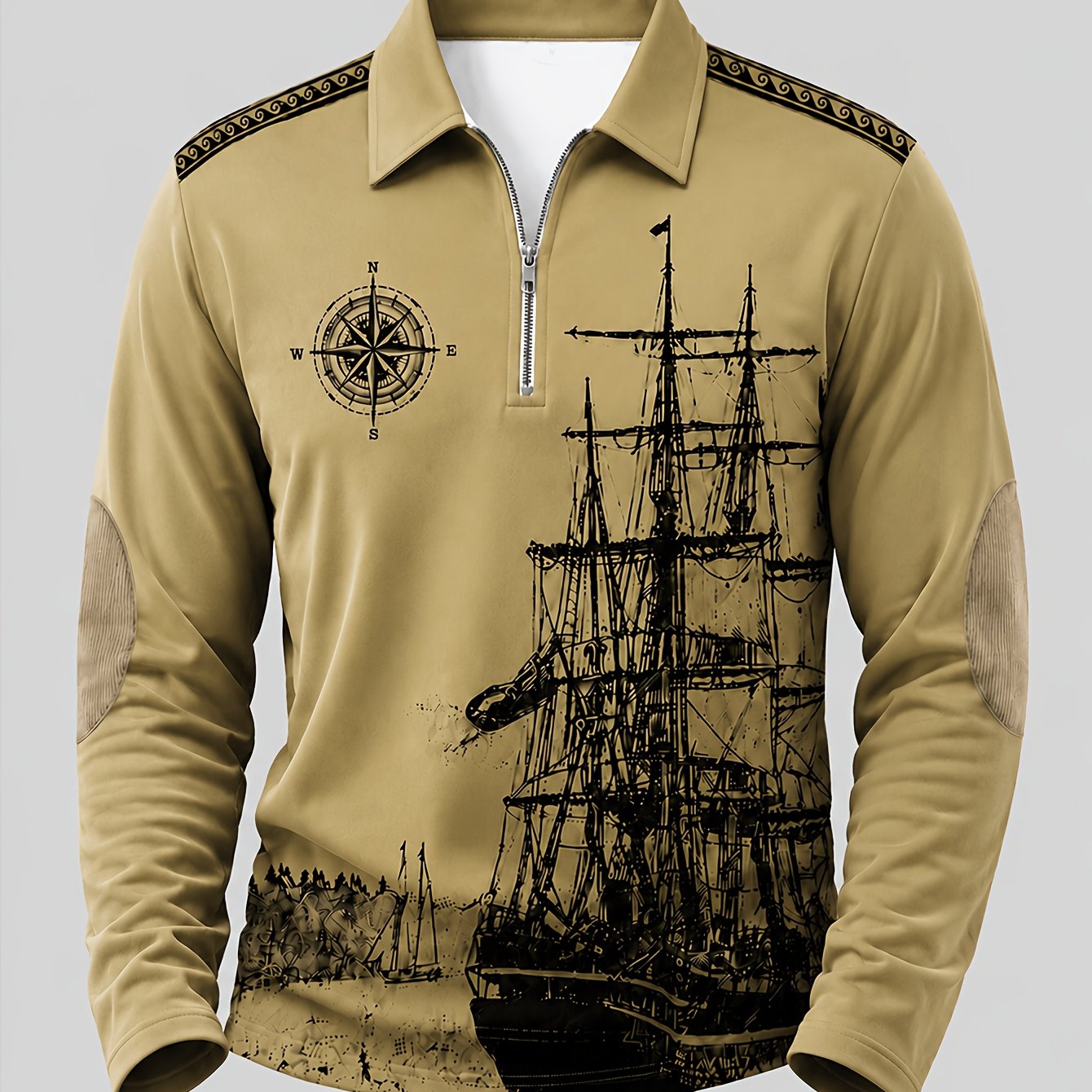 Distressed Style Sailboat Print Men's Casual Comfortable Long Sleeve Shirt For Autumn