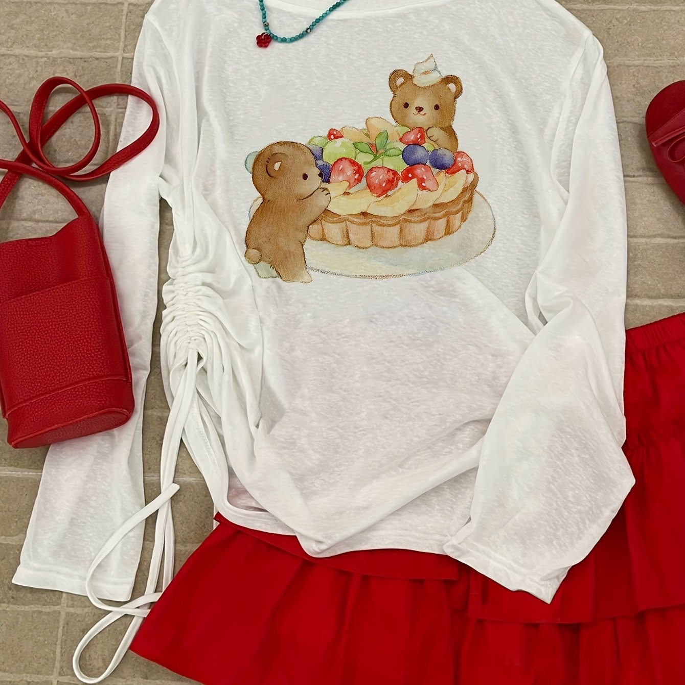 TEMU Women's Long Sleeve Top - Cute Teddy Bear & Birthday Cake Design, Semi-sheer Blouse With Drawstring Waist, Everyday & Party Shirt For Women