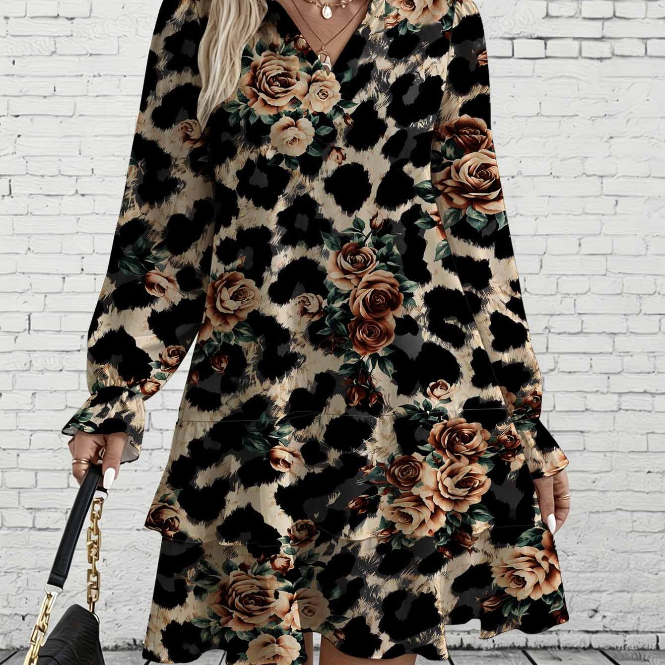 Image of Plus Size, Curvy Ladies Plussize Leopard Rose Floral Print Longsleeved Dress. Doublelayered Cake Skirt. Bohemian Elegant Loose Flowy Autumn Casual Fashion Outfit Dress For Party.