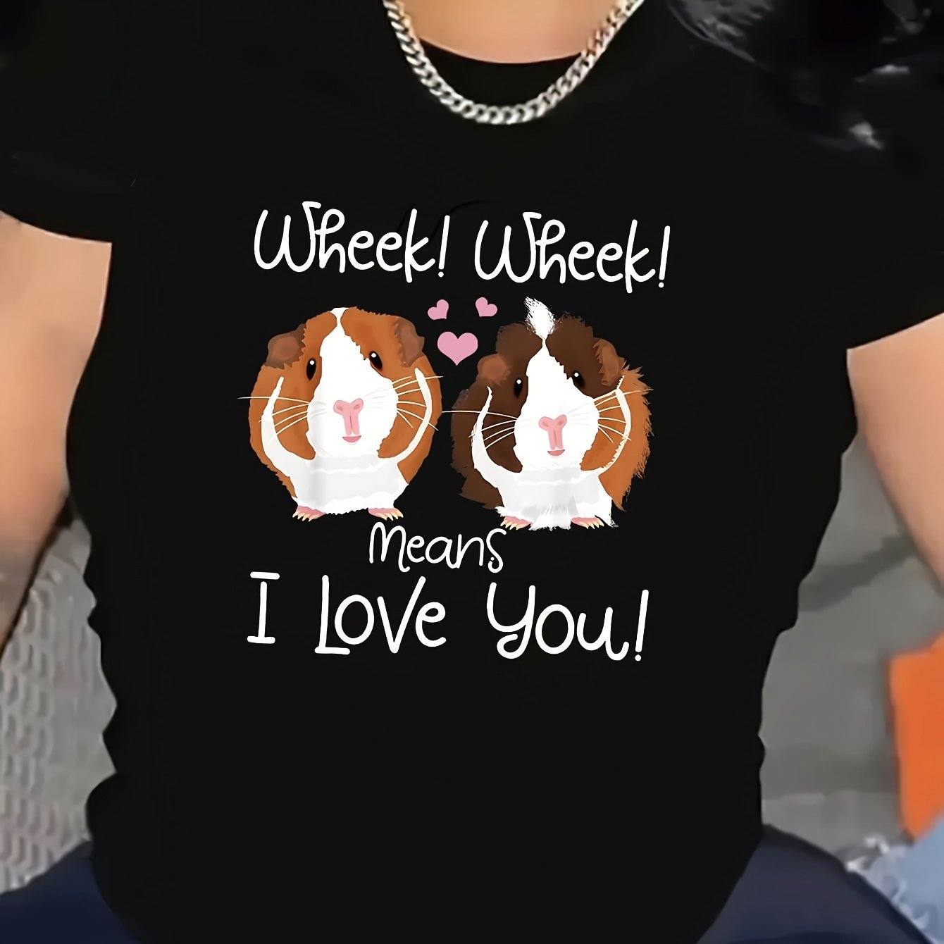 TEMU A Women's Guinea Pig Heart Pattern T-shirt, Knitted And Casual With A Round Neck And Short Sleeves, Featuring A Cartoon Guinea Pig Print With