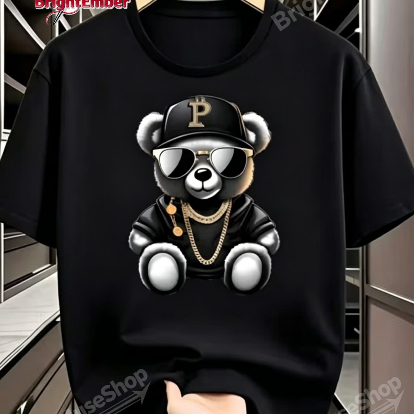 TEMU Cool Hip Hop Teddy Bear With Golden Chains T-shirt, Urban Streetwear Graphic Tee, Bear Shirt, Perfect For Streetwear Lover Gift, Casual Hip ,