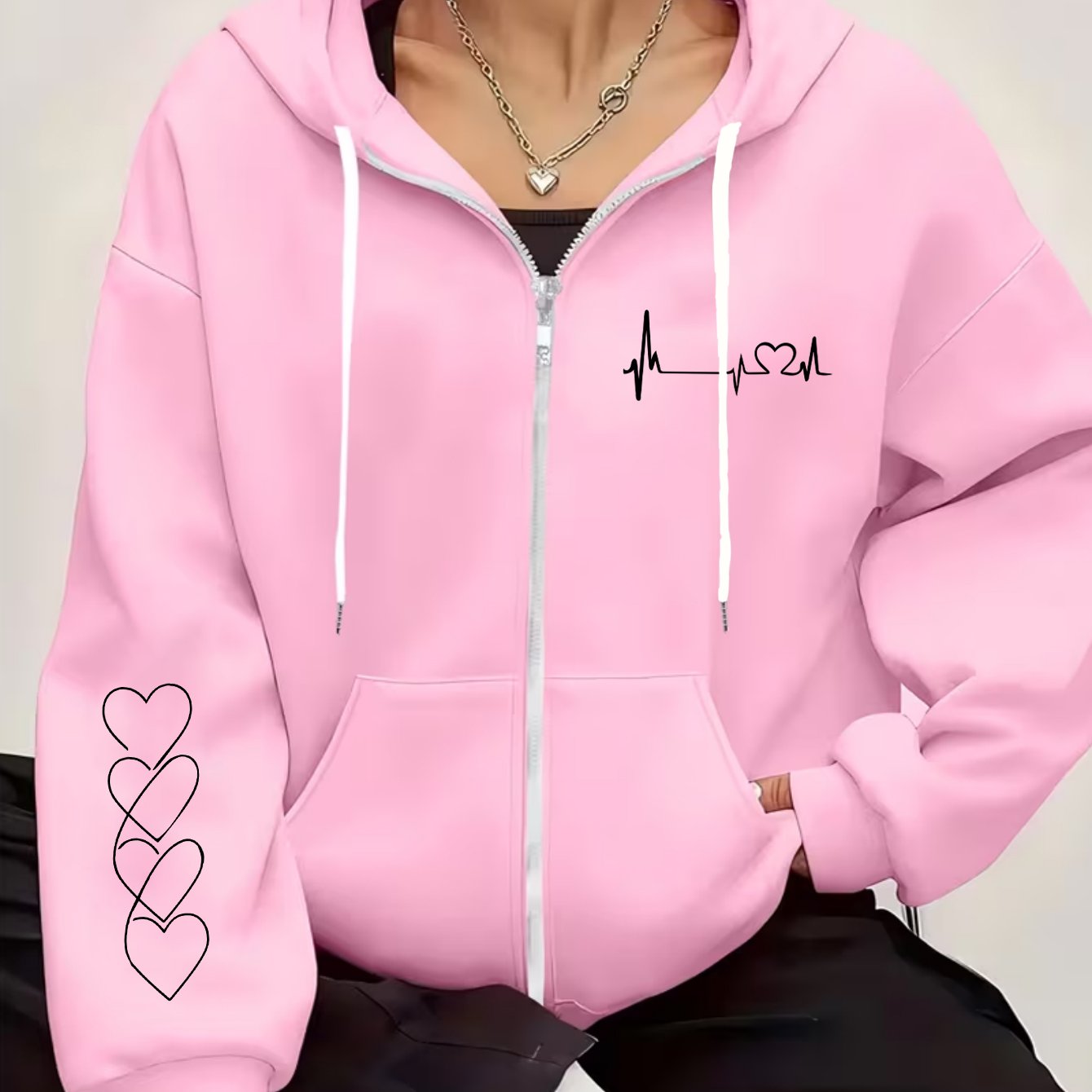 TEMU -size Love Print Ladies Hoodie, Ecg Symbol & Love Print, Double-mouth Bag Drawstring Zipper, Machine Washable, Classic Sports Women's Jacket,