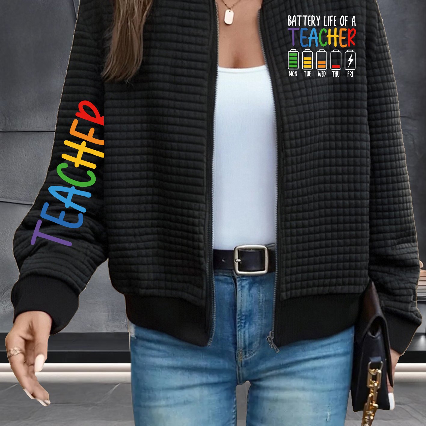TEMU Letter Pattern Printed, Women's Casual Waffle Baseball Collar Zip-up Jacket - Made Of, Machine Washable, Featuring Geometric Designs