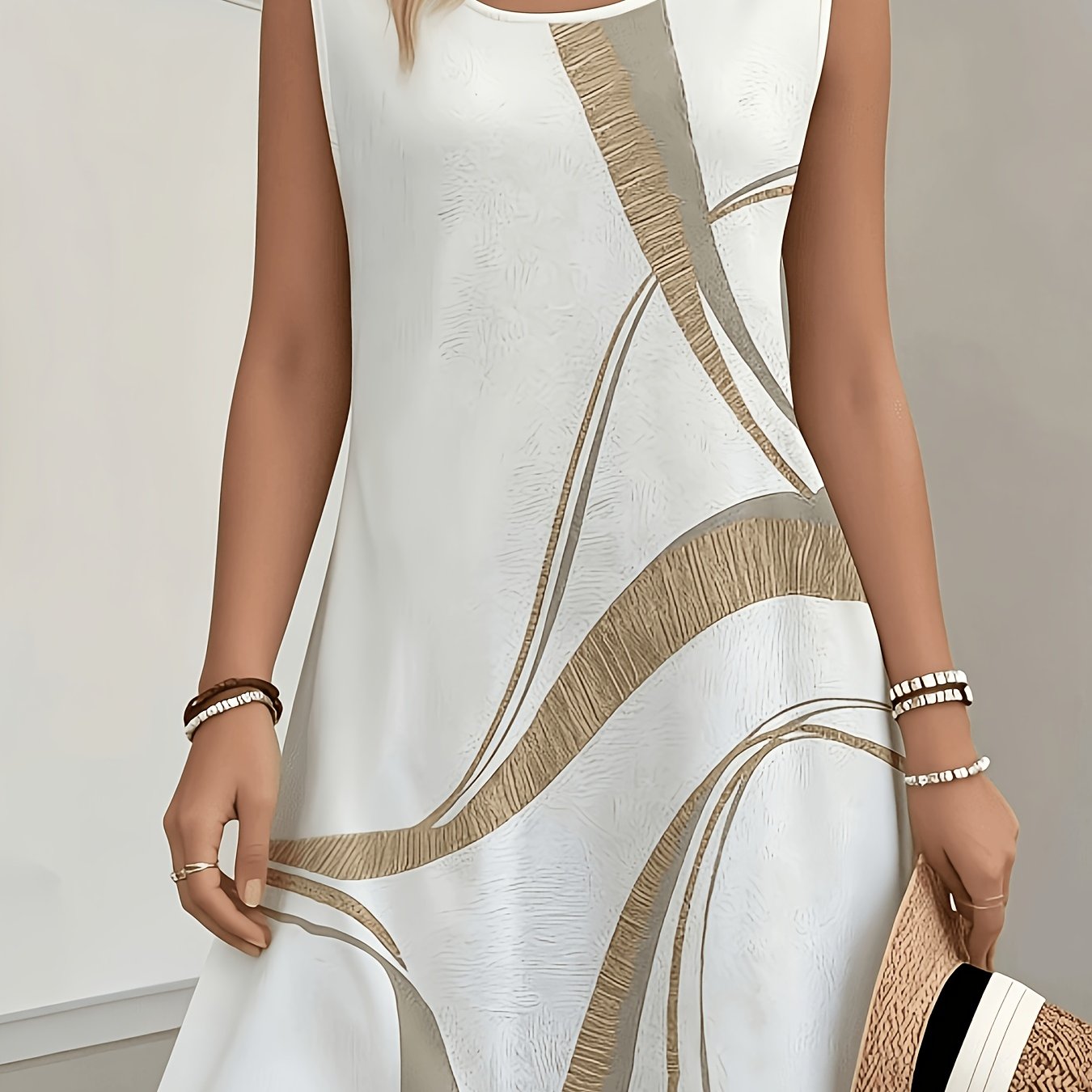 TEMU Women's Spring/summer New High-sleeveless A-line Dress, And Draping, And Skin-friendly, Decorated With Abstract Geometric Line, Invisible Side