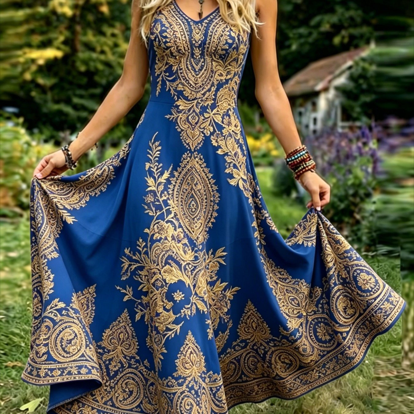 Women's Vintage A-line Maxi Dress - Sleeveless Round Neck To Dress Suitable For Daily Wear & Vacation, Machine Washable Summer Dress With Round Neck, Retro Casual Dress For Parties, For And