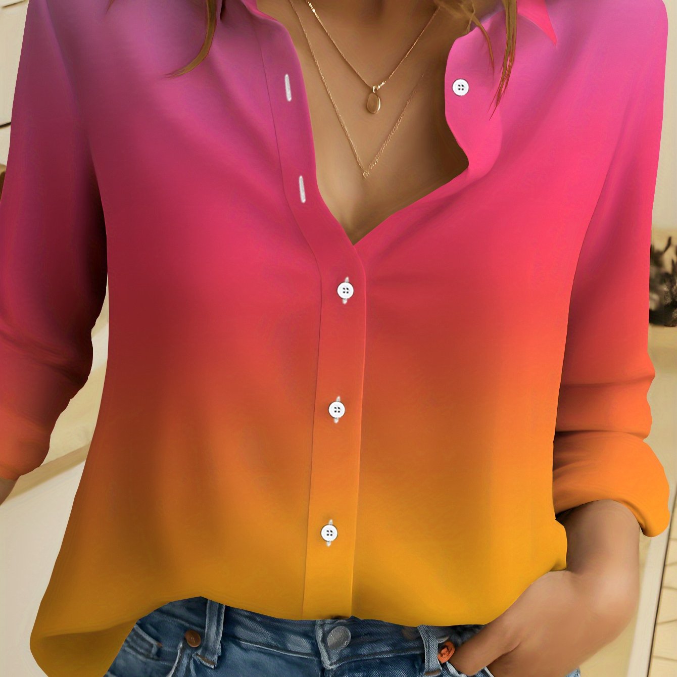 TEMU Women's Long-sleeved Shirt Gradient Style Printed Shirt No Element Women's Floral Shirt Colorful Women's Casual Shirt Soft And Comfortable