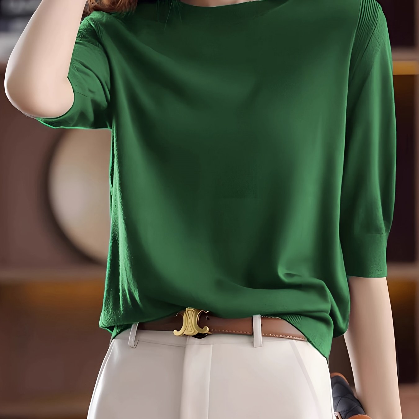 E-shop Feiner Rundhals Mid-Sleeve Pullover Damen Frühling Herbst Neues Vintage Elegantes Top Kurzarm Basislayer