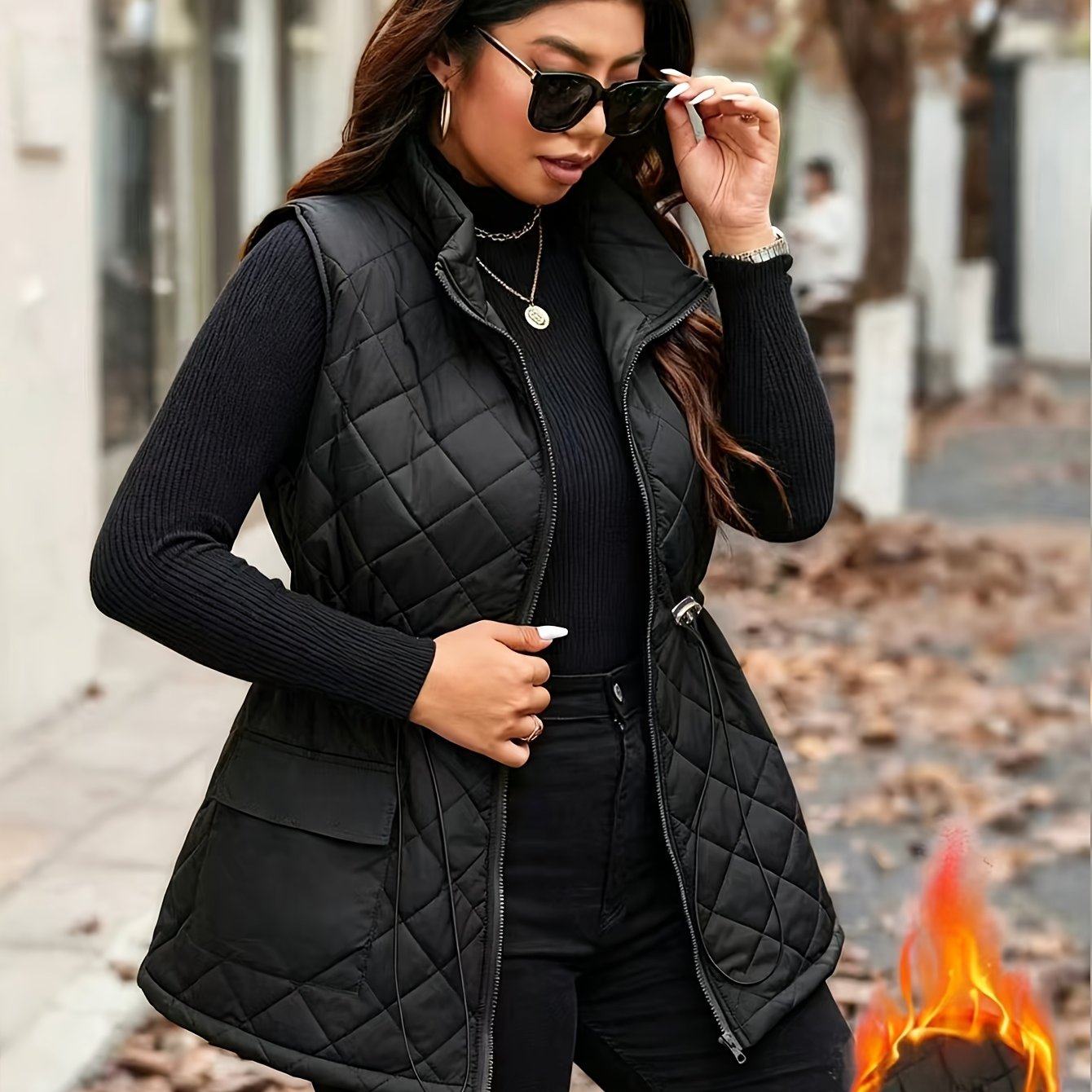 TEMU Plus Size, Plus Size Women's Rhombus Quilted Vest, Autumn/winter Stand Collar Sleeveless Vest, Waist-cinching Drawstring Warm Outerwear, Holiday