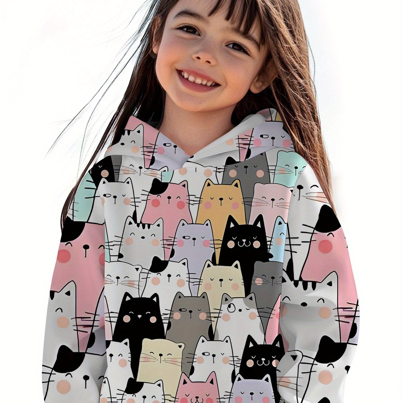 Image of Cute Cat Collage 3d Printed Pattern Hooded Sweatshirt, A Trendy And Casual Children's Clothing, Suitable For Girls To Going Out. For Girls.,fall And Winter Clothes