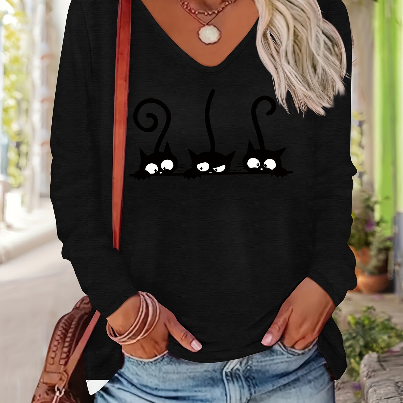 TEMU Women's Autumn/winter Daily Versatile Fashionable And Comfortable Colored V-neck Long-sleeve T-shirt With 3 Cute Cats Pattern In European And