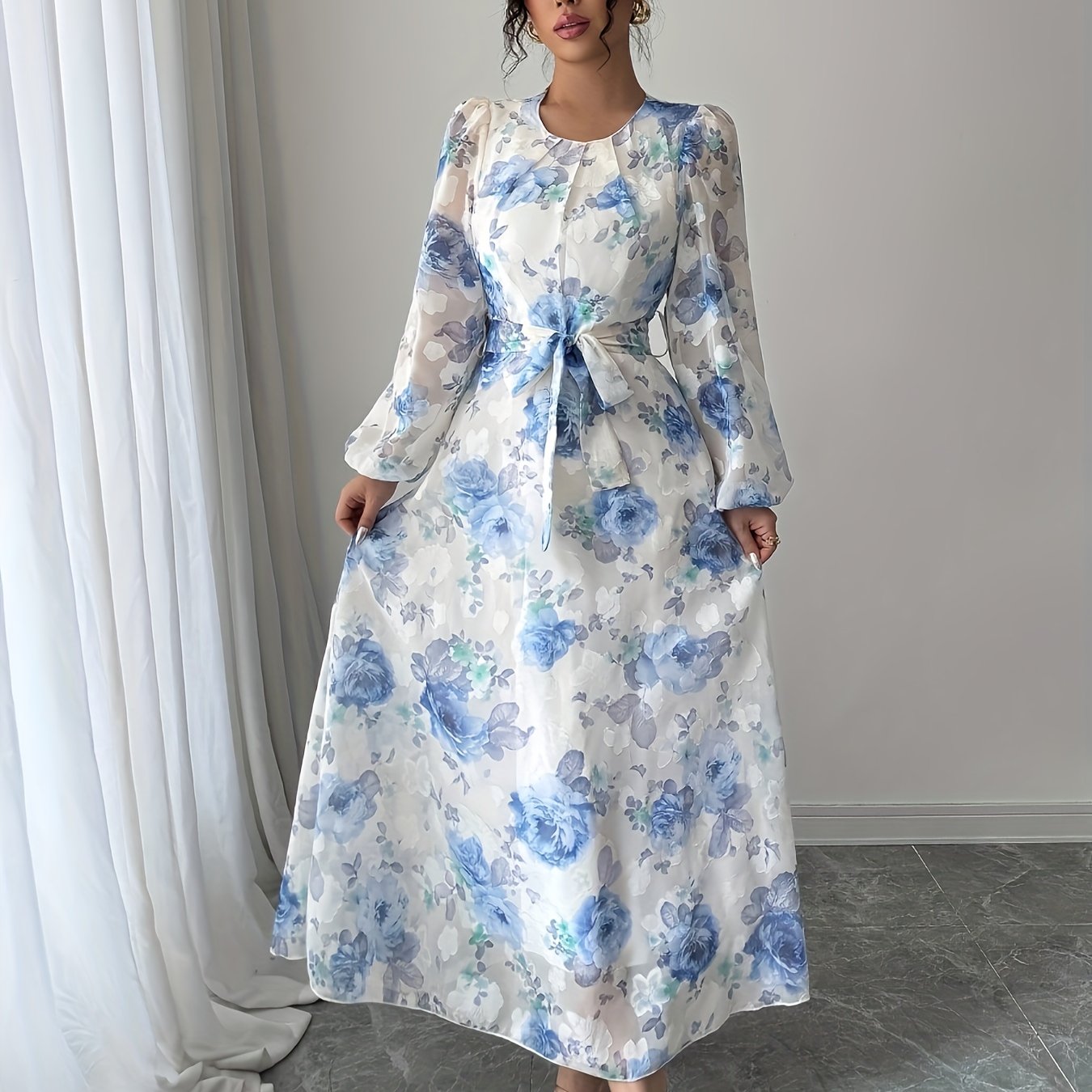 TEMU Spring/autumn Vintage Elegant Floral Lantern Sleeve Cinched Waist Long Dress