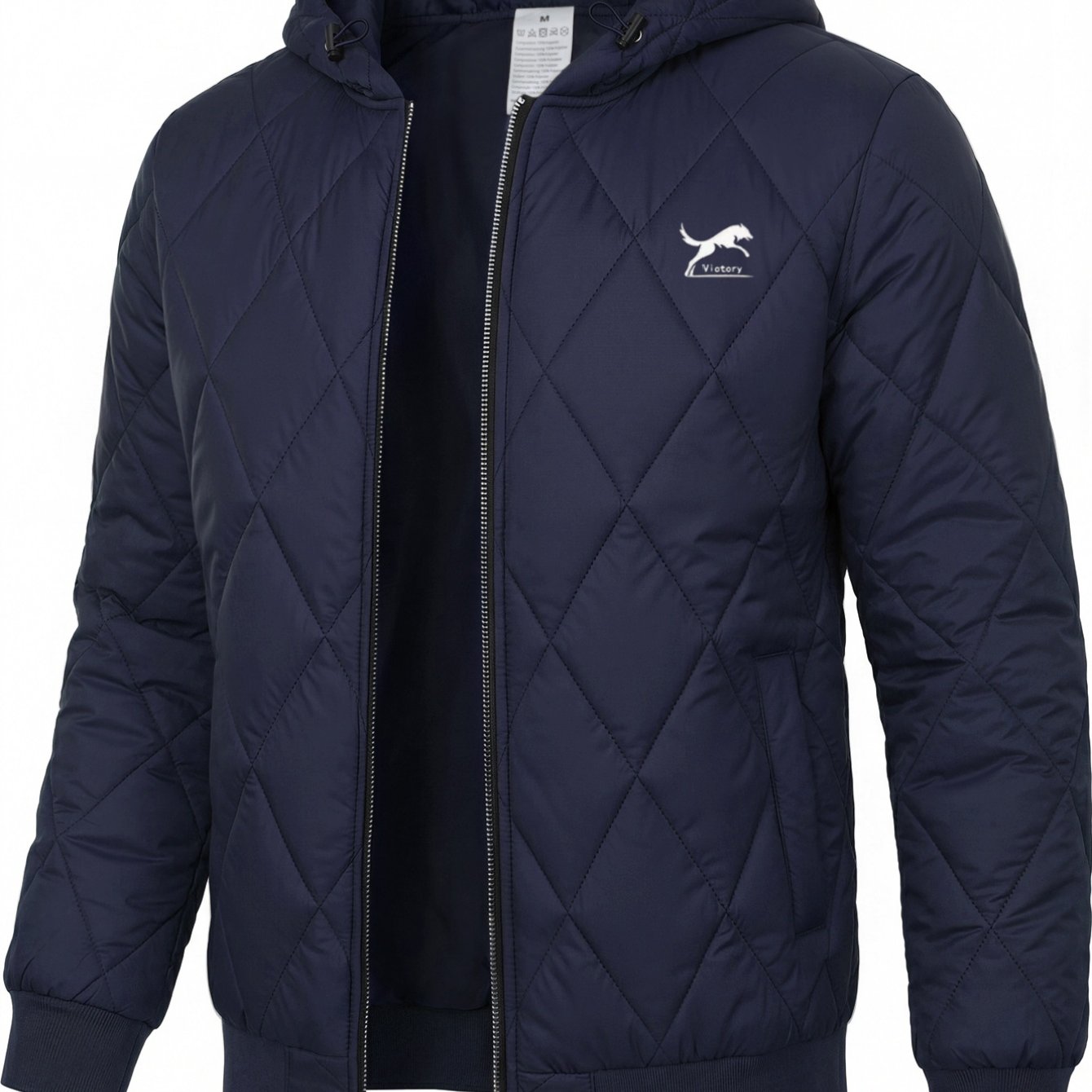 TEMU Men's Diamond Quilted Hooded Thin Jacket, Victory Victory Wild Wolf Lightweight Jacket Fall Winter Casual Windproof Coat