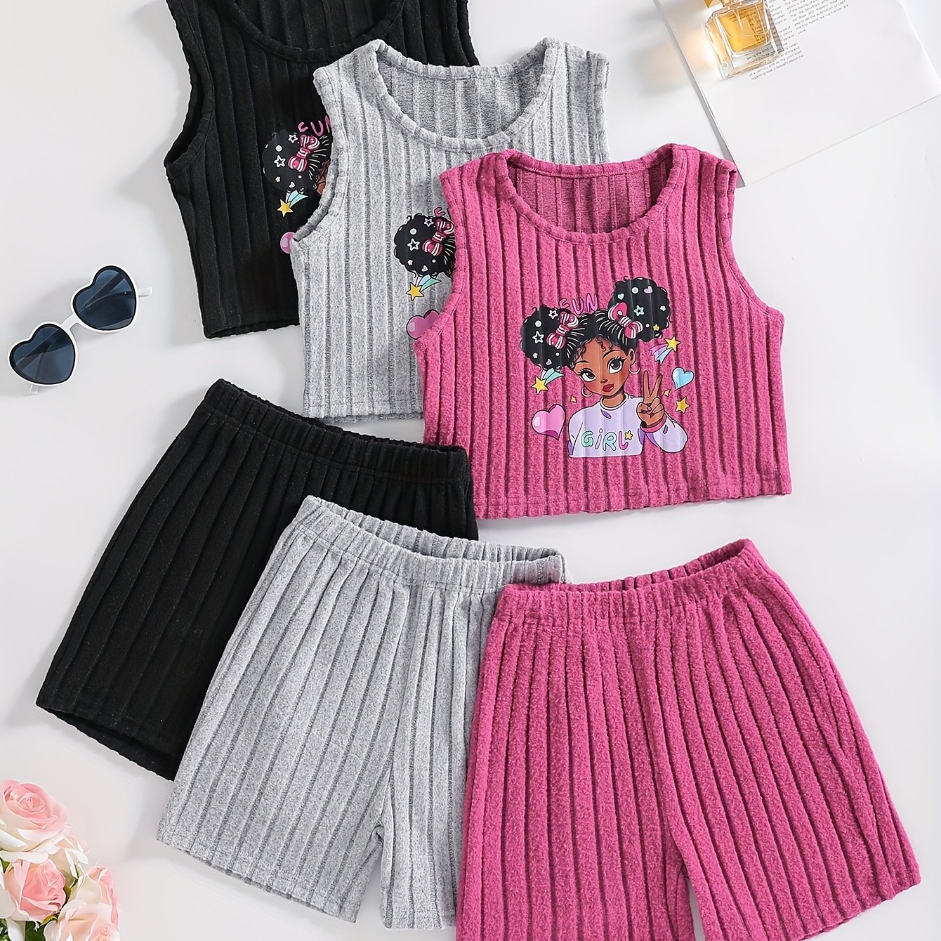 Image of A 6pcs Girls' Outfit Set Featuring A Creatively Designed Summer Outdoor Print Ribbed Tank Top And Elastic Waist Casual Shorts, Perfect For Summer Wear, For Outdoor, Christmas, Halloween