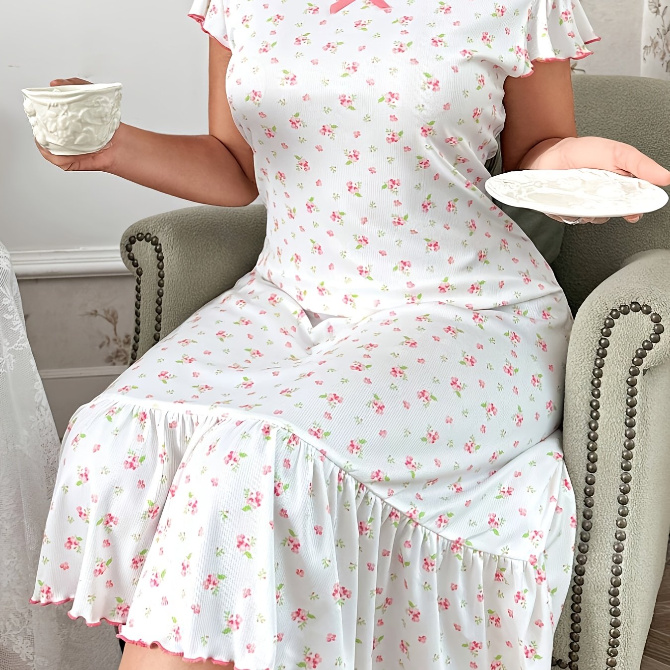 Women's Large Size Floral Print Bow Short Sleeve Sleep Dress