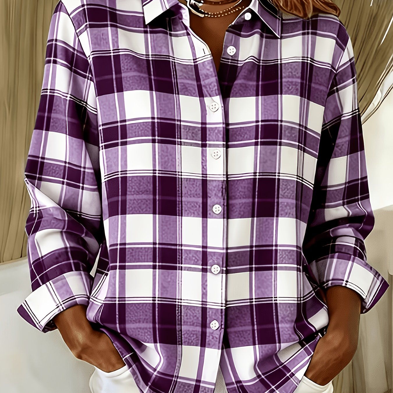 TEMU Elegant Special Edition Women's Printed Shirt - Long Sleeve Button- Shirt, Classic Collar, Machine Washable, Suitable For Office, Commuting, Or