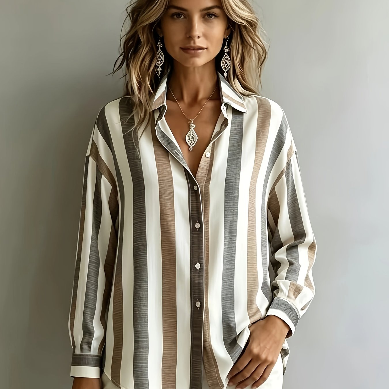 TEMU Plus Size, Plus Size Women's Vintage Vertical Stripe Lapel Button- Shirt - Single-breasted Button Collar Suitable For Daily , Office &